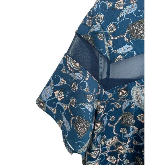 Boutique Teal Paisley Floral Mesh Panel Sheath Dress 1X Short Sleeve Blue