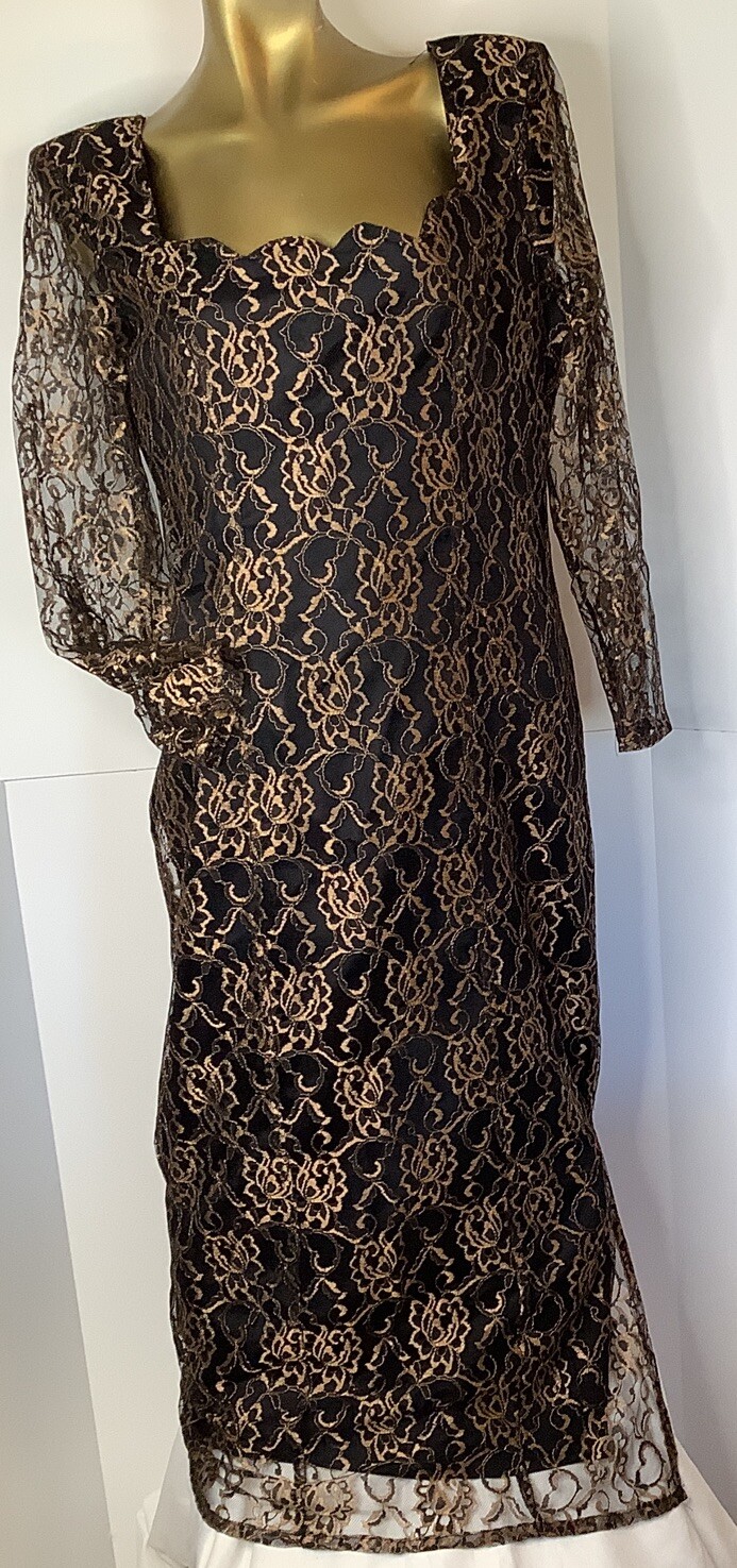 Vtg California Place 80‘s Long Sleeve Dress Sz 16 Black Gold Lace Flowers Goth