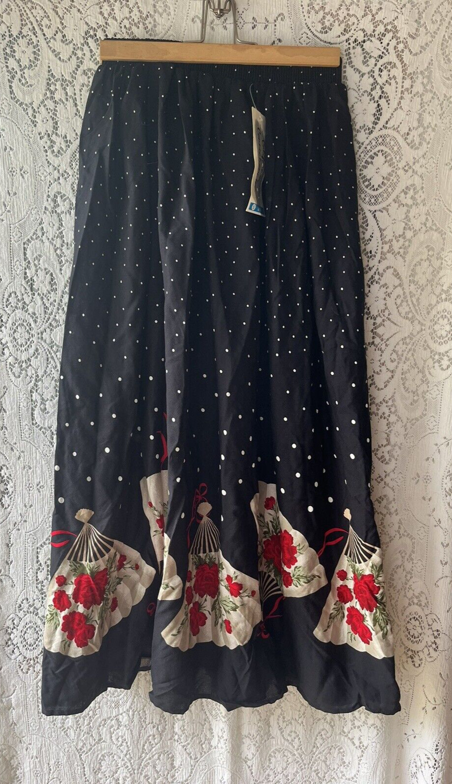 VTG California Connection Polka Dot Floral Fan Border Midi Skirt NWT S