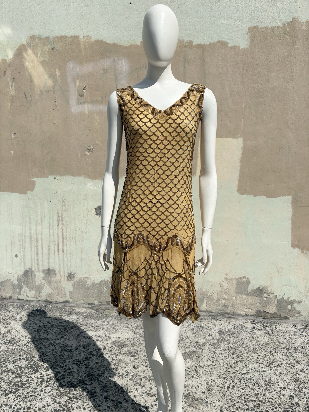 Vintage 1920s Flapper Dress Gold Sequin Silk Chiffon Fish Scale Beaded Gatsby S