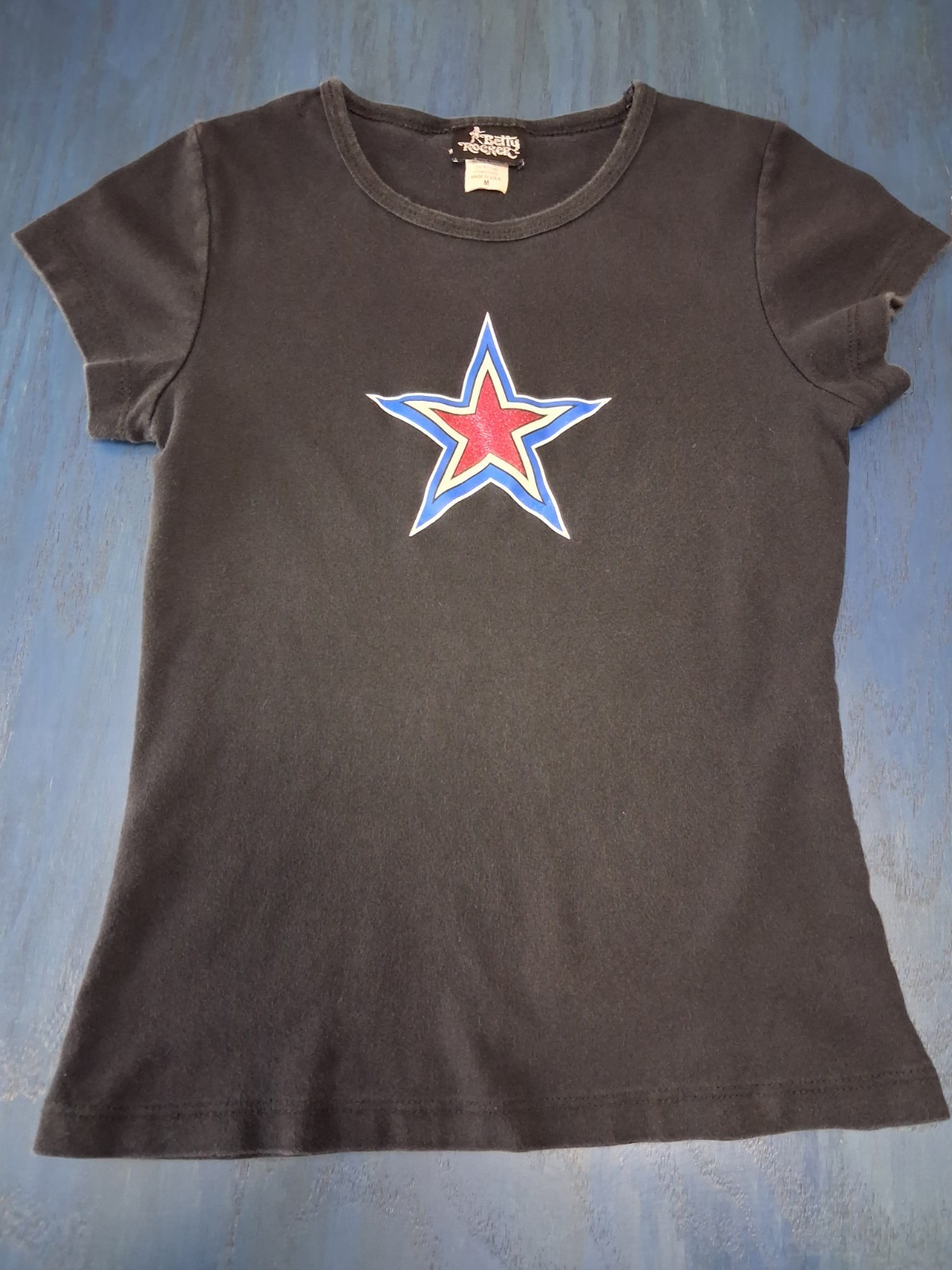 Vintage Y2K Betty Rocker Star Graphic Baby Tee Medium USA Distressed Defect