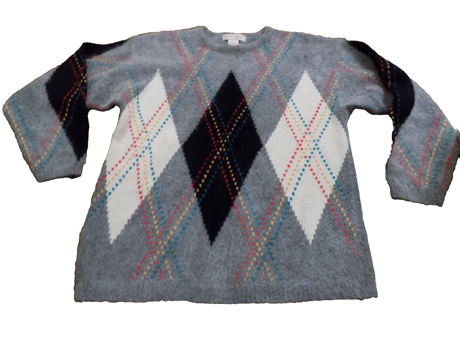 Vtg Casual Corners Preppy Gray black red teal white Angora Soft Argyle Sweater M