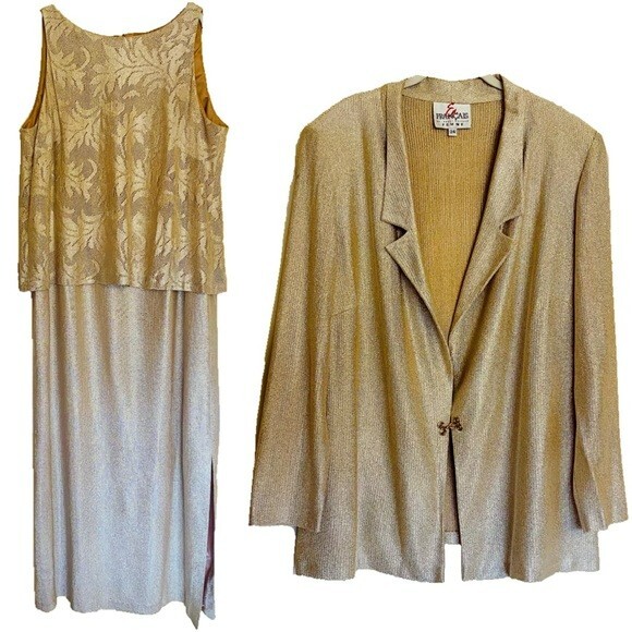 Vintage EN FRANCAIS by HUEY WALTZER Gold Dress & Blazer Size 24 Elegant Church