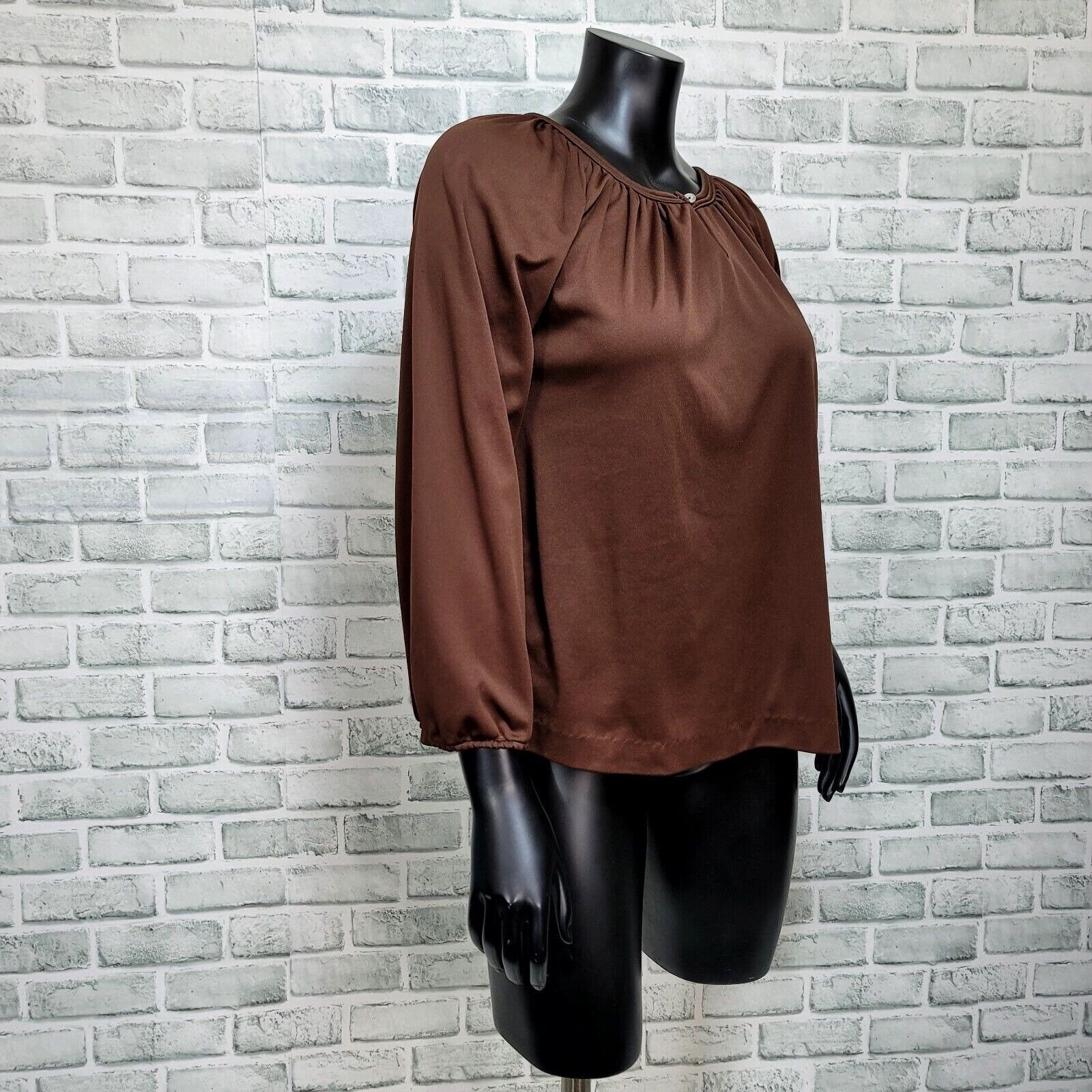 Vintage 70s Brown Polyester Blouse Womens M Bell Sleeve Disco Keyhole Neckline