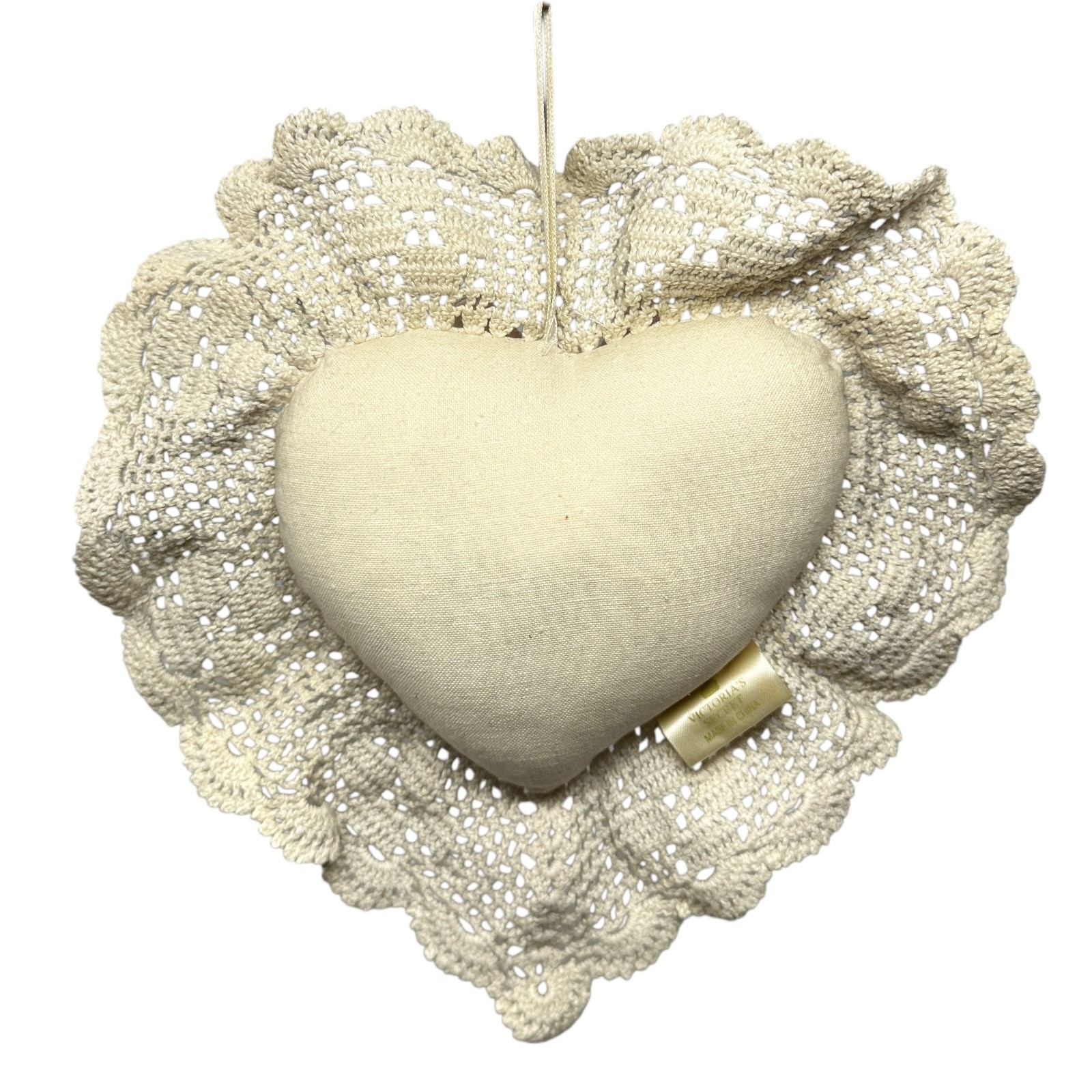 Vintage Victoria’s Secret Crochet Lace Heart Sachet Pillow Ornament 7.5″ RARE