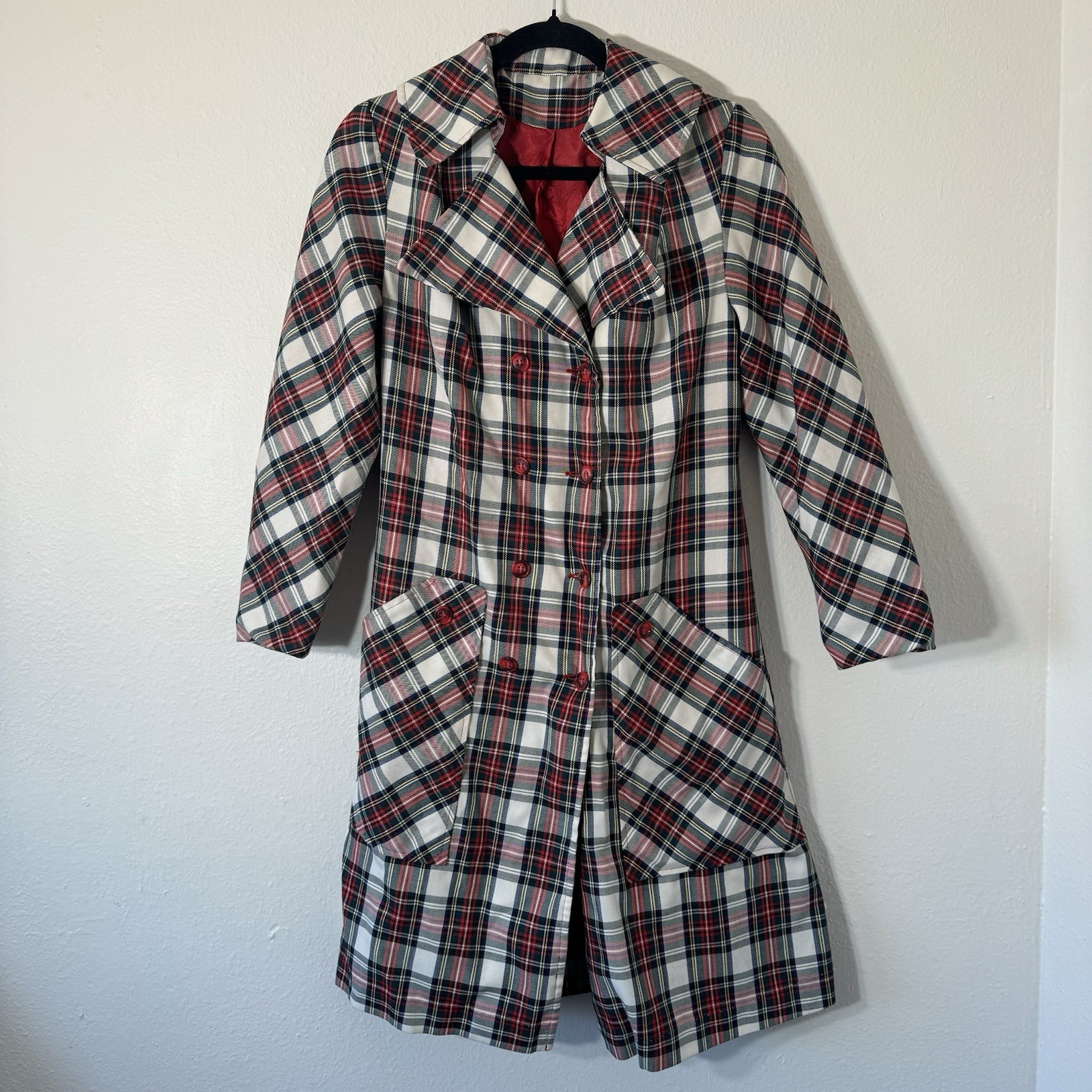 Vintage 60s 70s Red Green White Plaid Trench Coat Retro Mod Tartan Check Small?