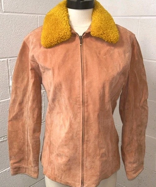 Vintage Woman’s Suede Jacket Pink Orange Faux Sherpa Collar Sz M Retro B2 Style