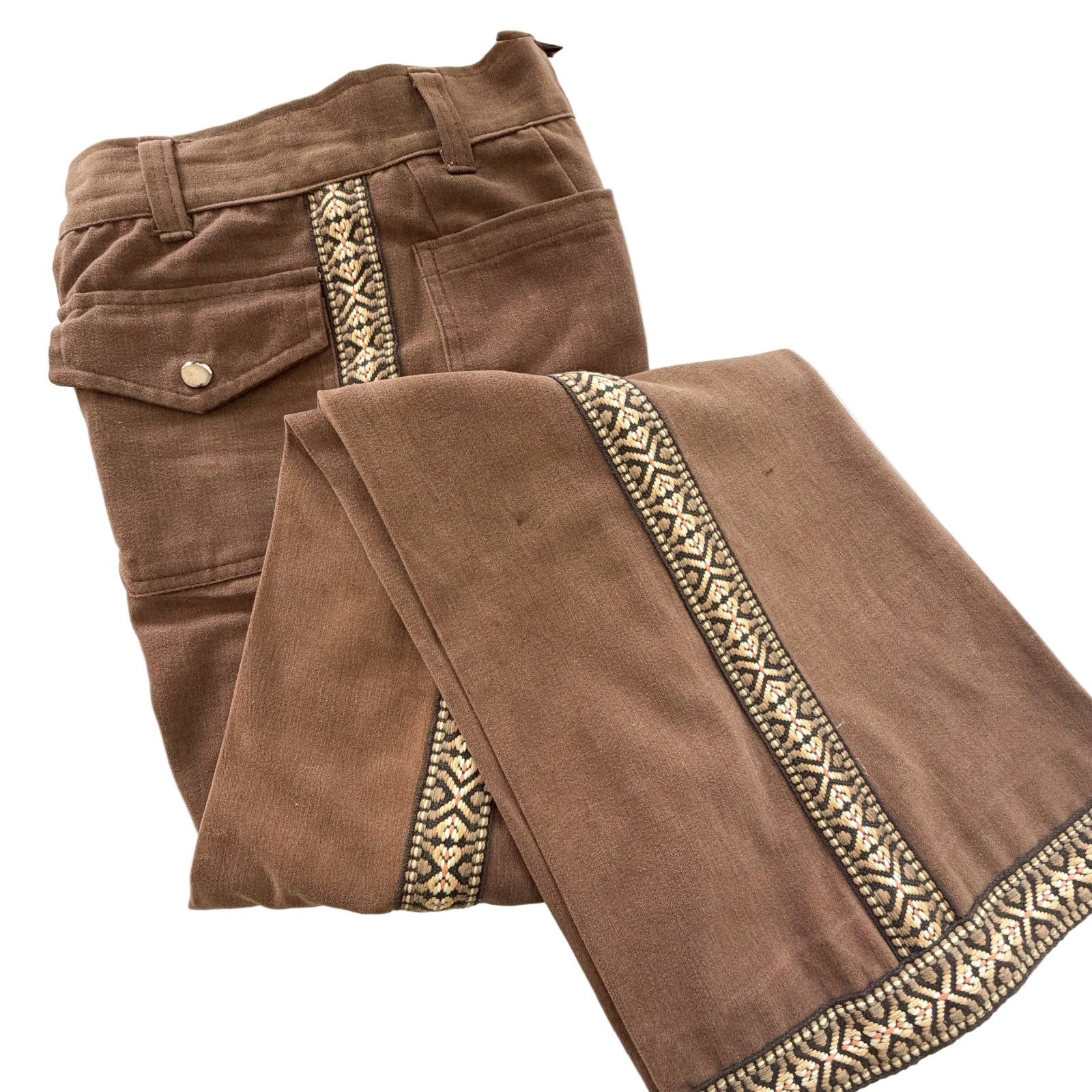 VTG Brown Bell Bottom Jeans, Tapestry Banding, 70s/80s Hippie Pants 29″ Waist