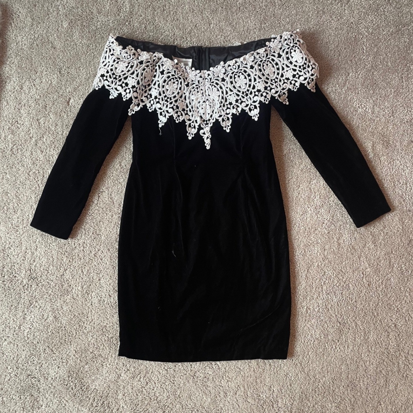 Vintage 80s / 90s Velvet Off the Shoulder Lace Cocktail Dress