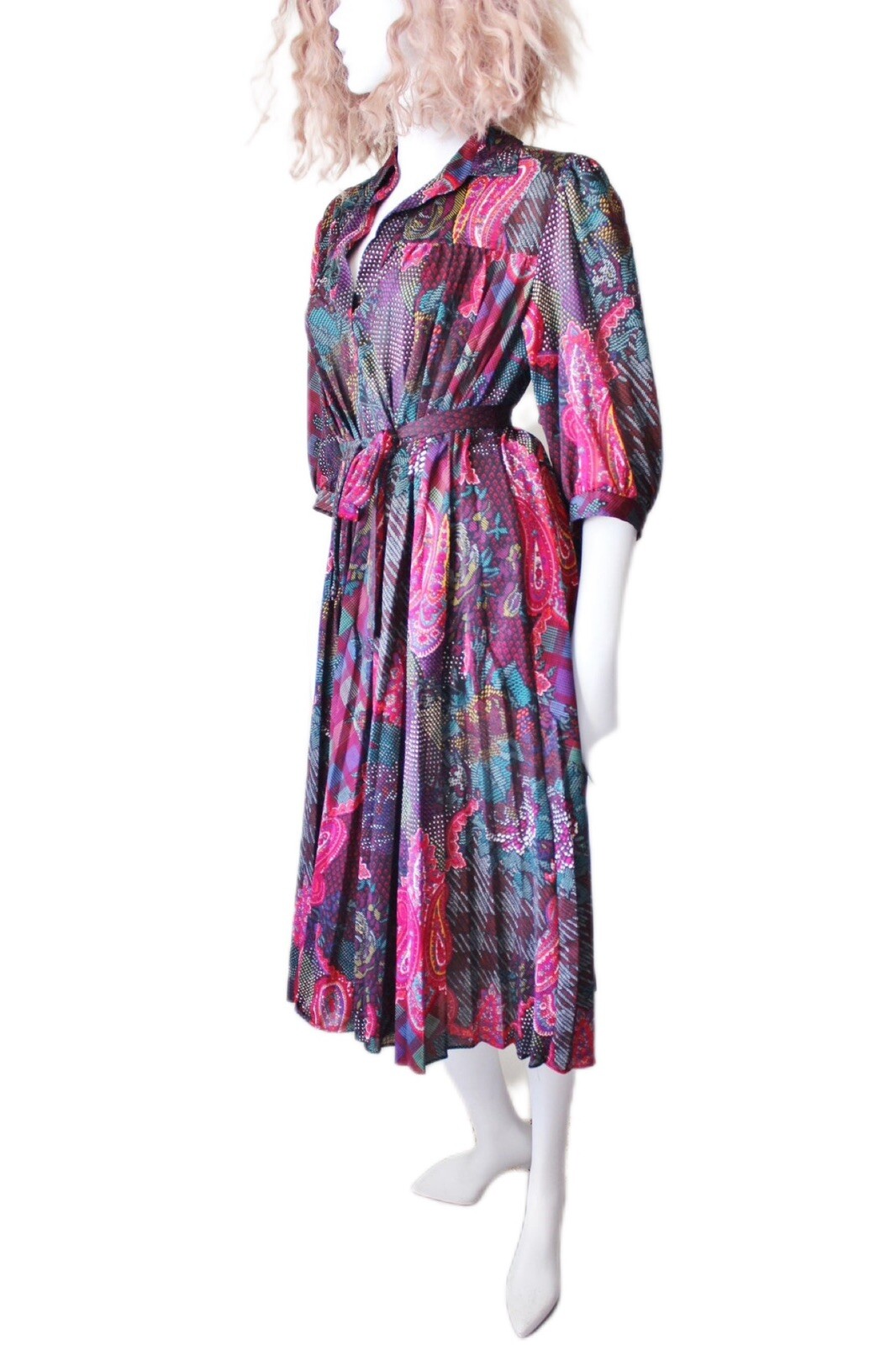 Boho Multicolor Paisley Day Dress ¾ Sleeve Belted Pleated Vintage 70’s