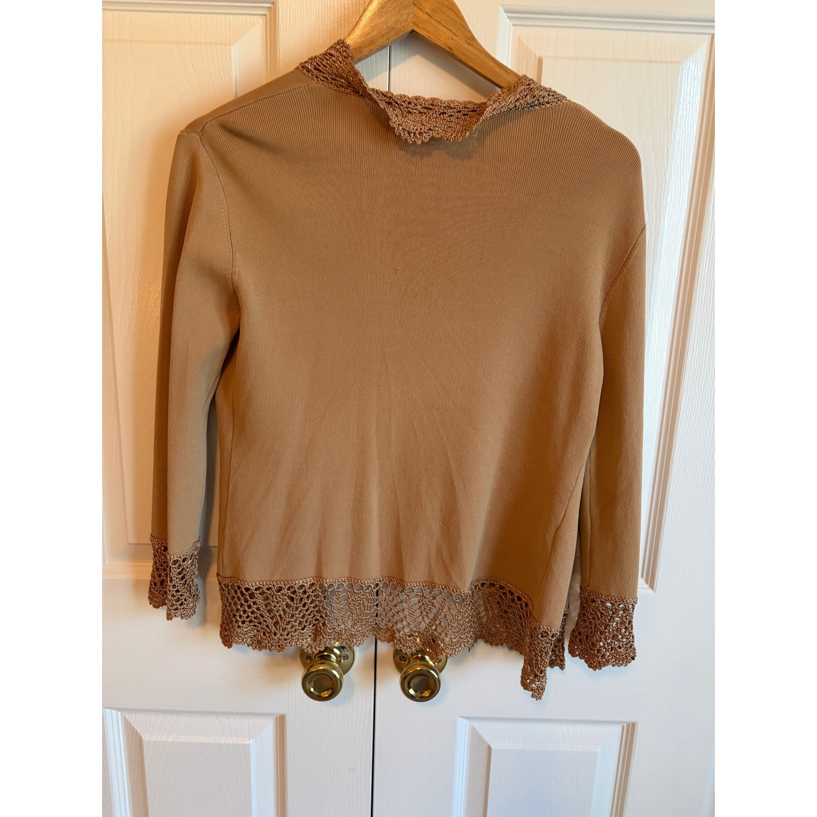 Vintage Joseph A. Tan Crochet Lace Trim Cardigan Open Front 90s Knit Tan Medium