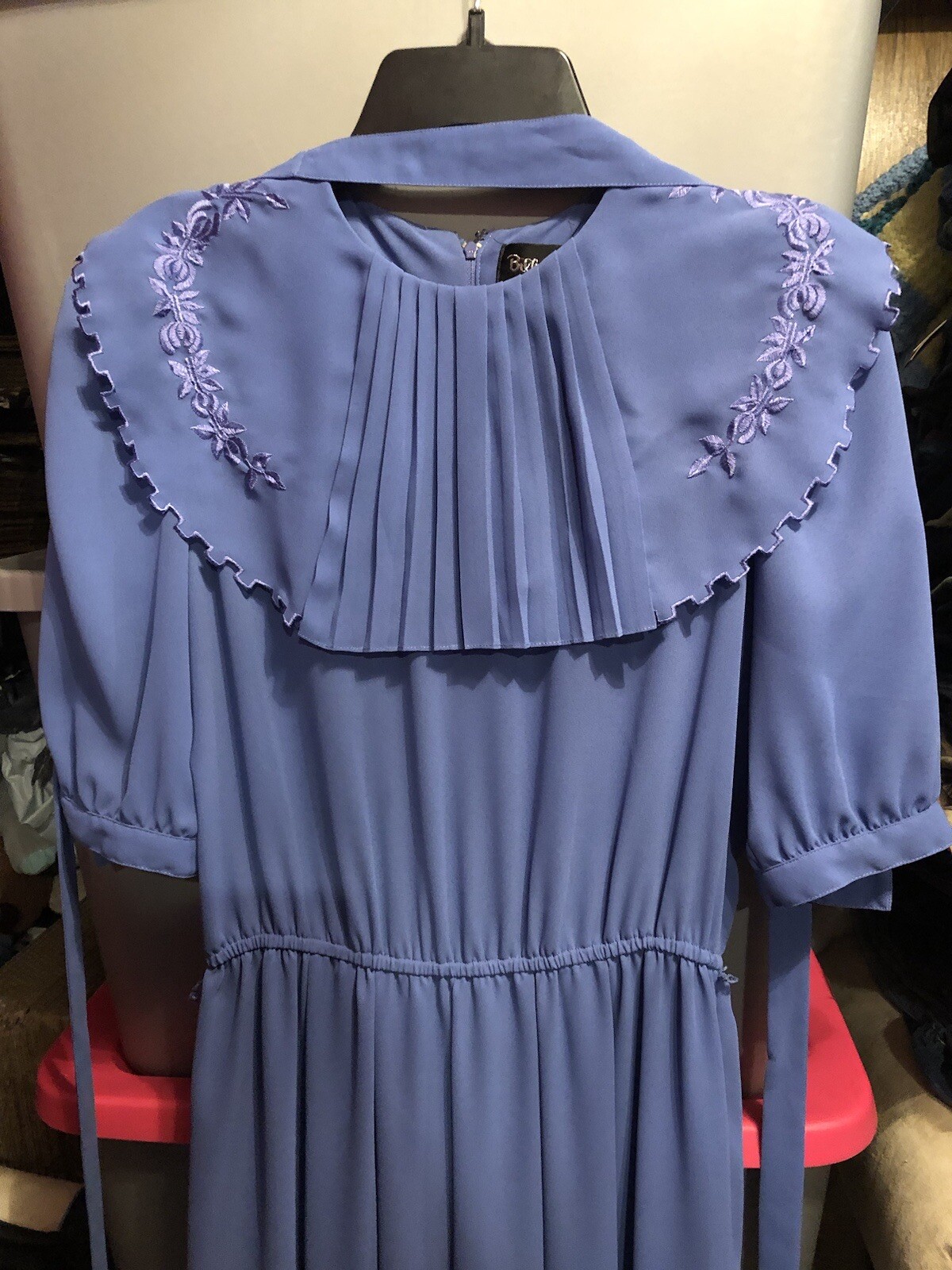 Vtg Billy Jack for Her 11/12 Blue Floral Embroidered Blouson Sheer Belted Dress