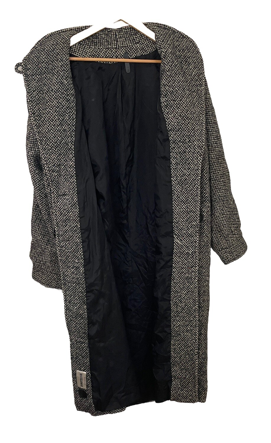 Vtg 80s DONNYBROOK Black White Tweed Long Coat w/Leather Accents Women Sz 12
