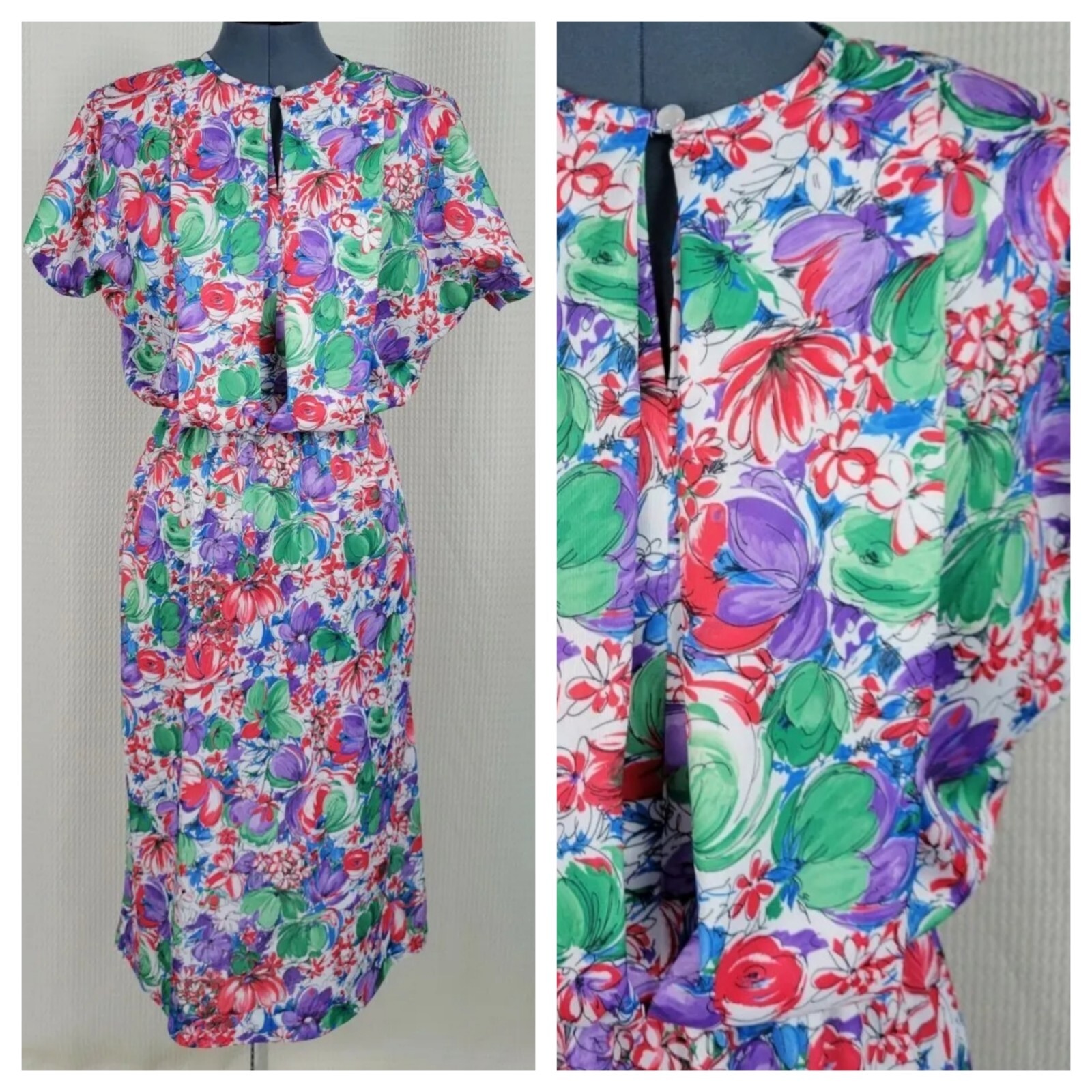 Vintage Dress in White/Red/Green/Blue/Purple Florals Size A2 (S?)