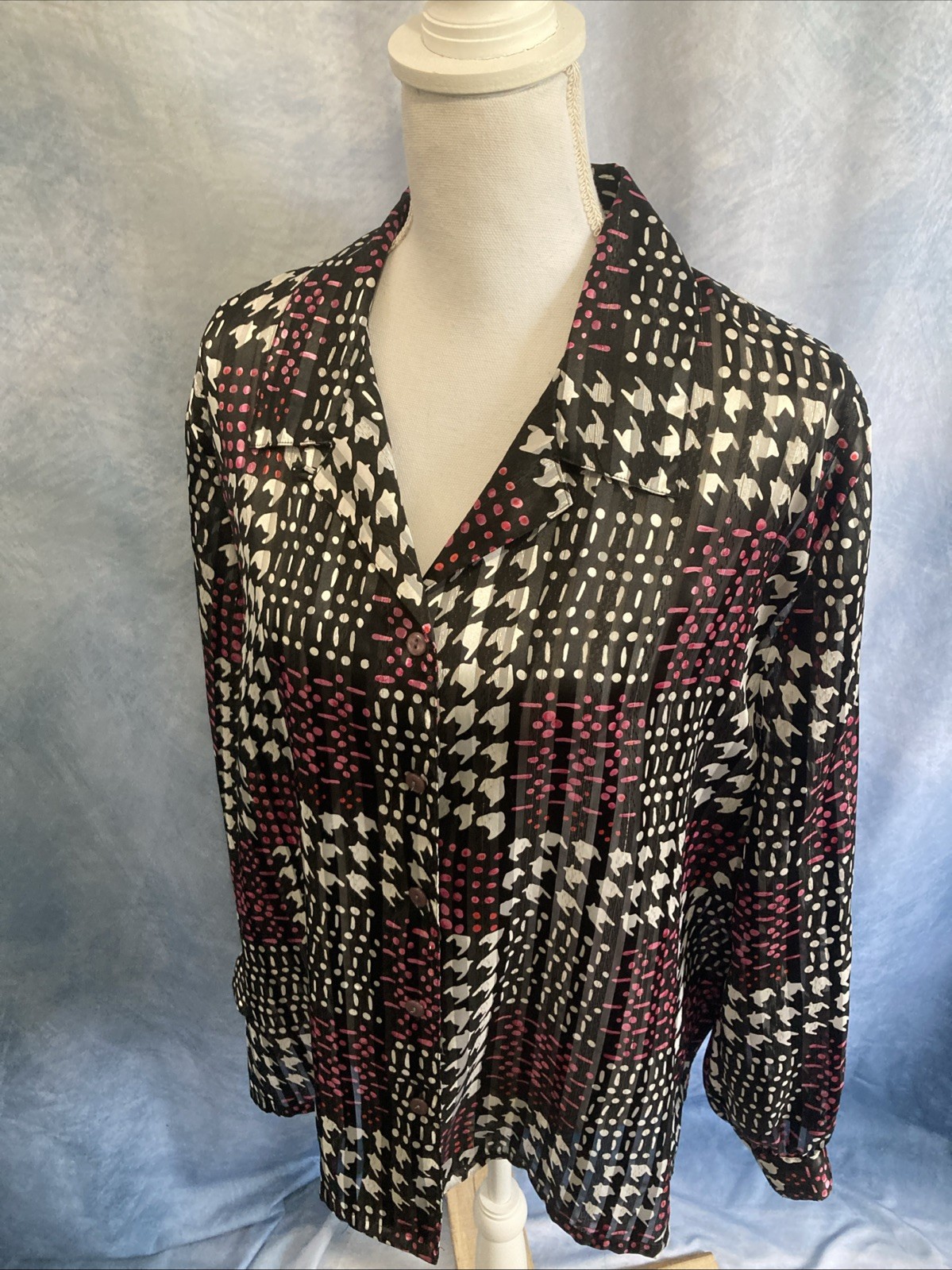Vtg 90s Y2K Allison Daley II Sheer Geometric Blouse Shirt 20W Plus Camp Collar