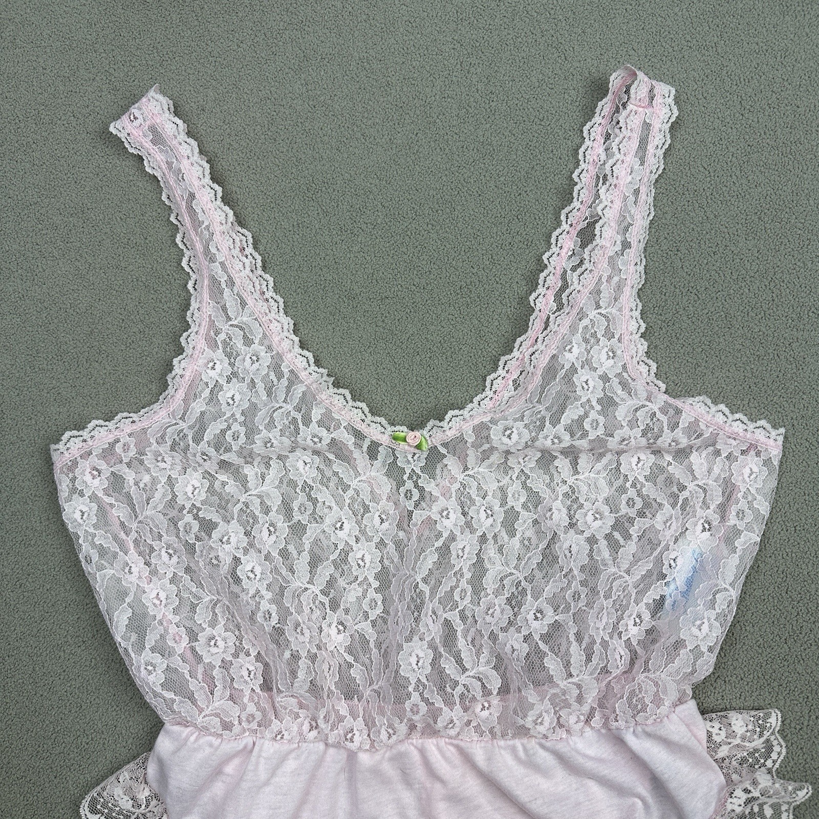 Vtg 90s Dreamwear Pink Lace Satin Teddy High Cut Snap Bottom USA M Lingerie