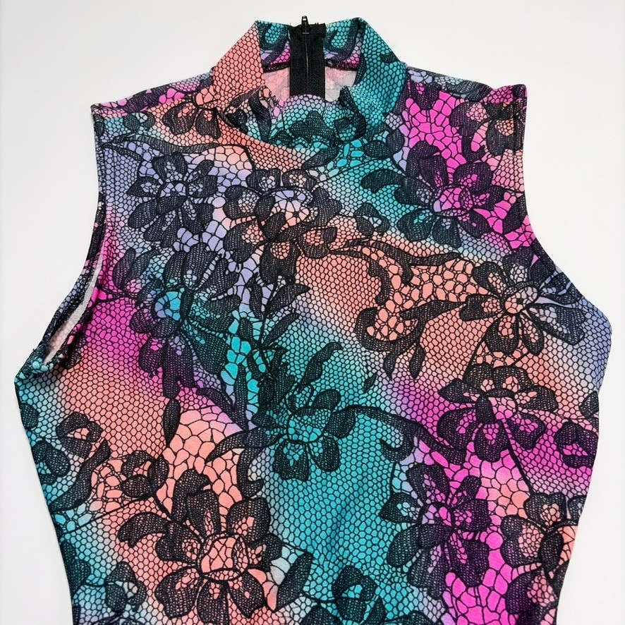 Gilda Marx Flexatard Vintage 80s Floral Lace Print Mock Neck Leotard Sz S USA