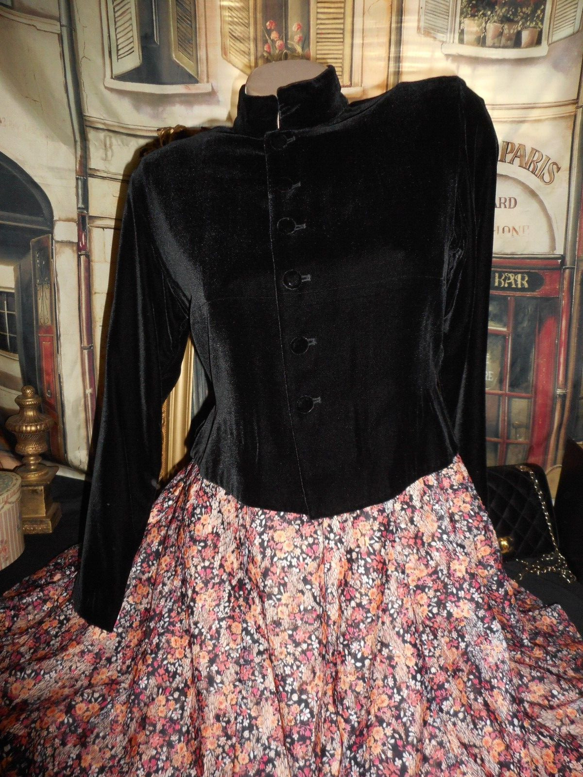 4P Black Velvet Top High Stand Up Collar Waist Length Long Sleeve Ann Taylo