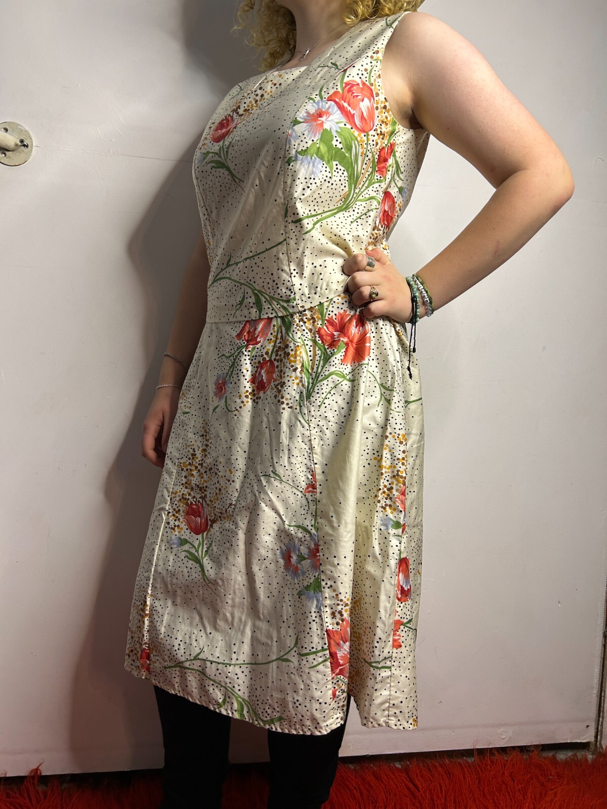 Vintage Handmade Cotton Blouson Dress Square Neckline Floral A-Line AU 12-14