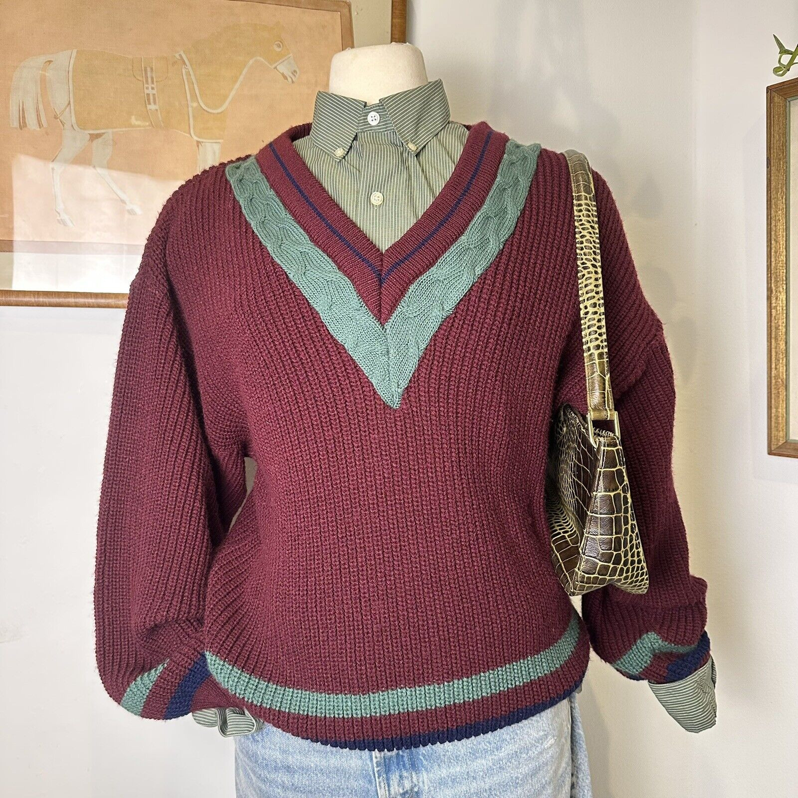 Vintage Burgundy Knit Sweater | Preppy V-Neck Pullover with Green Accents