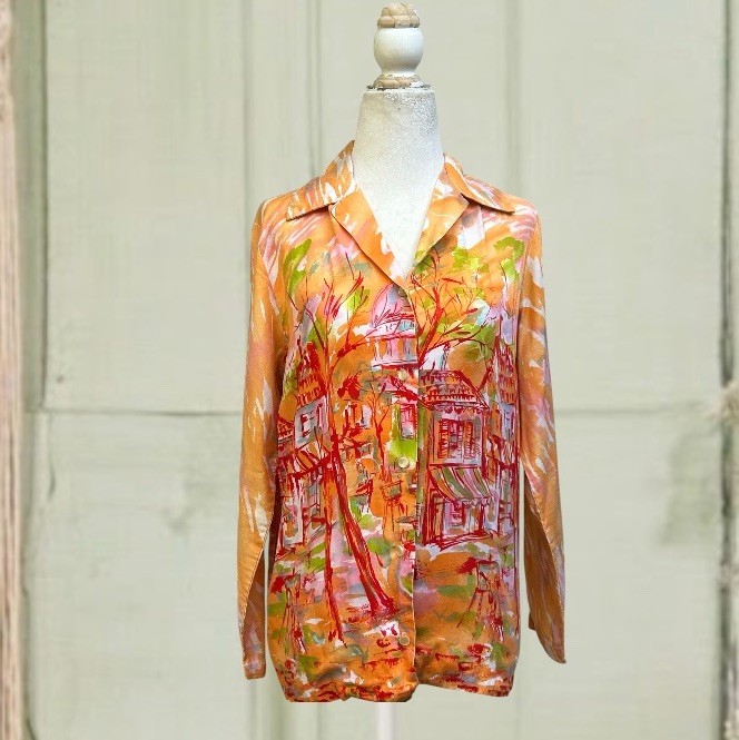 Vintage 70s Shirt Butterfly Collar All Over Print Disco Groovy Vacation Top 40”