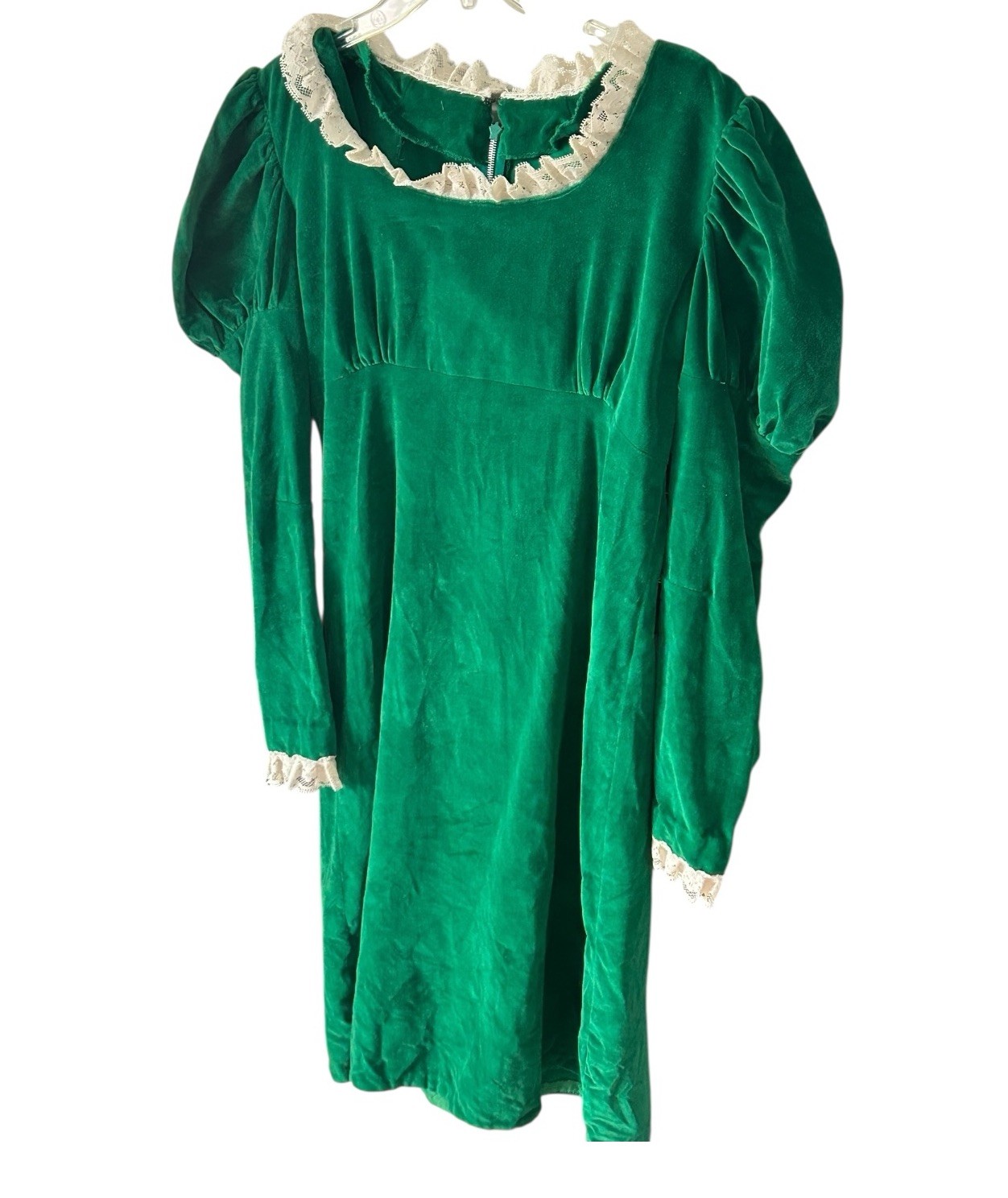 VTG Women’s Ugly Christmas Dress Handmade Green Velvet Lace Collar Leg O’Mutton