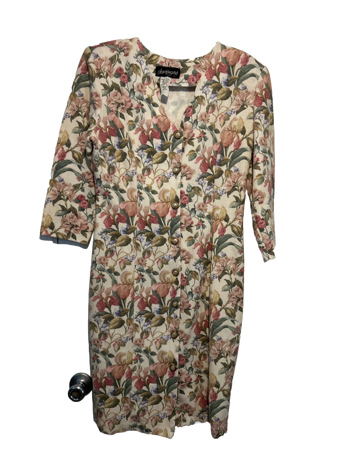 Vintage Champagne West 1980s Knit Floral Pearl Button Dress Size 14