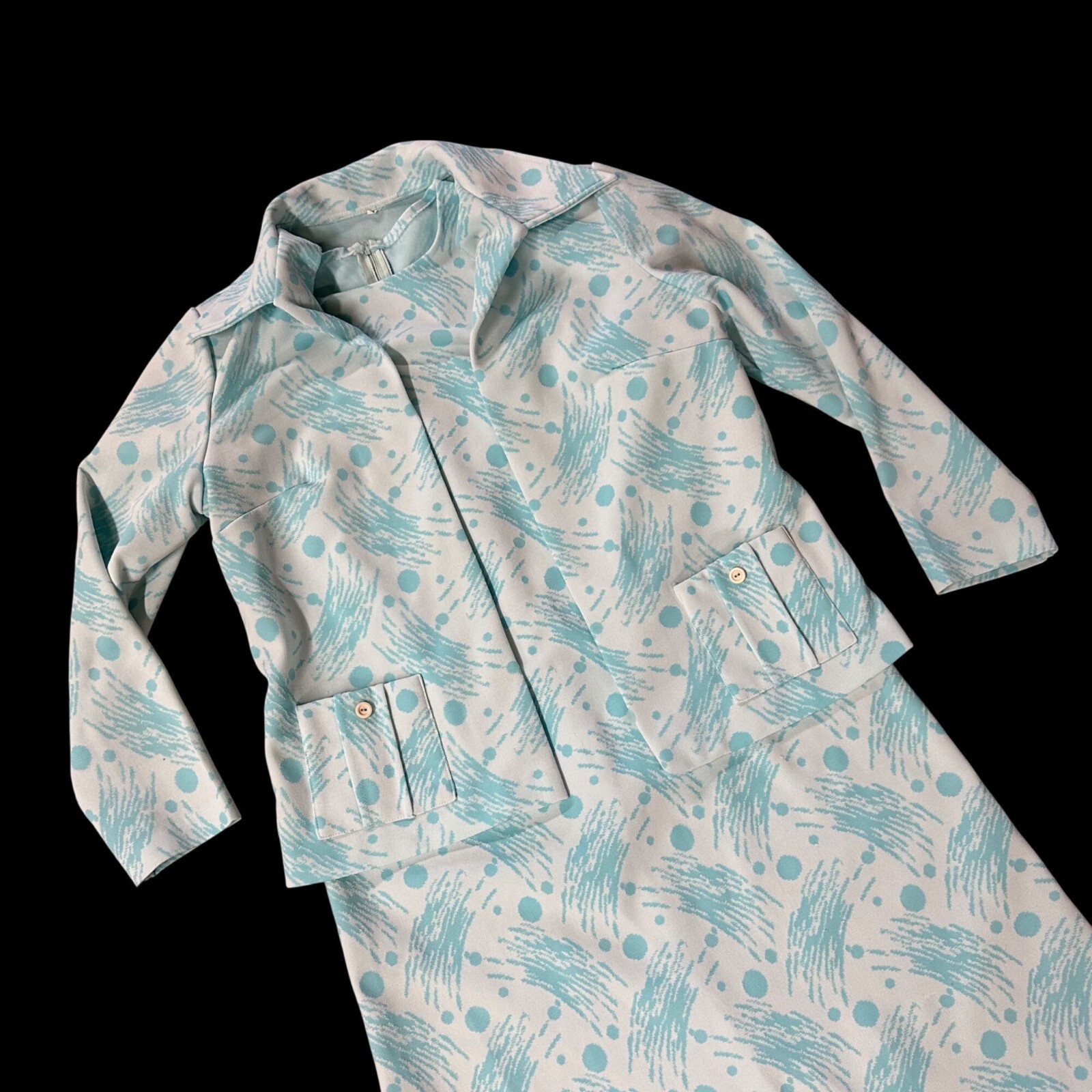 Vintage 1960s Turquoise Blue White Polyester Knit Dress Jacket Set Mid Century