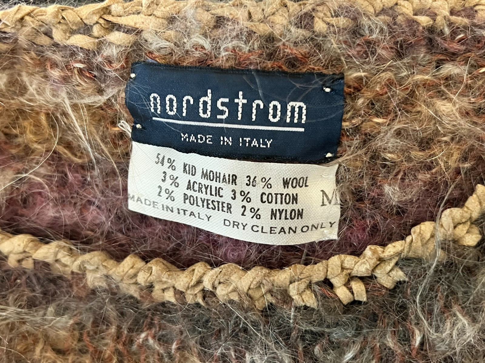Vtg Nordstrom Italy Women’s M Kid Mohair Sweater Open Knit Fuzzy Boxy Suede Wool