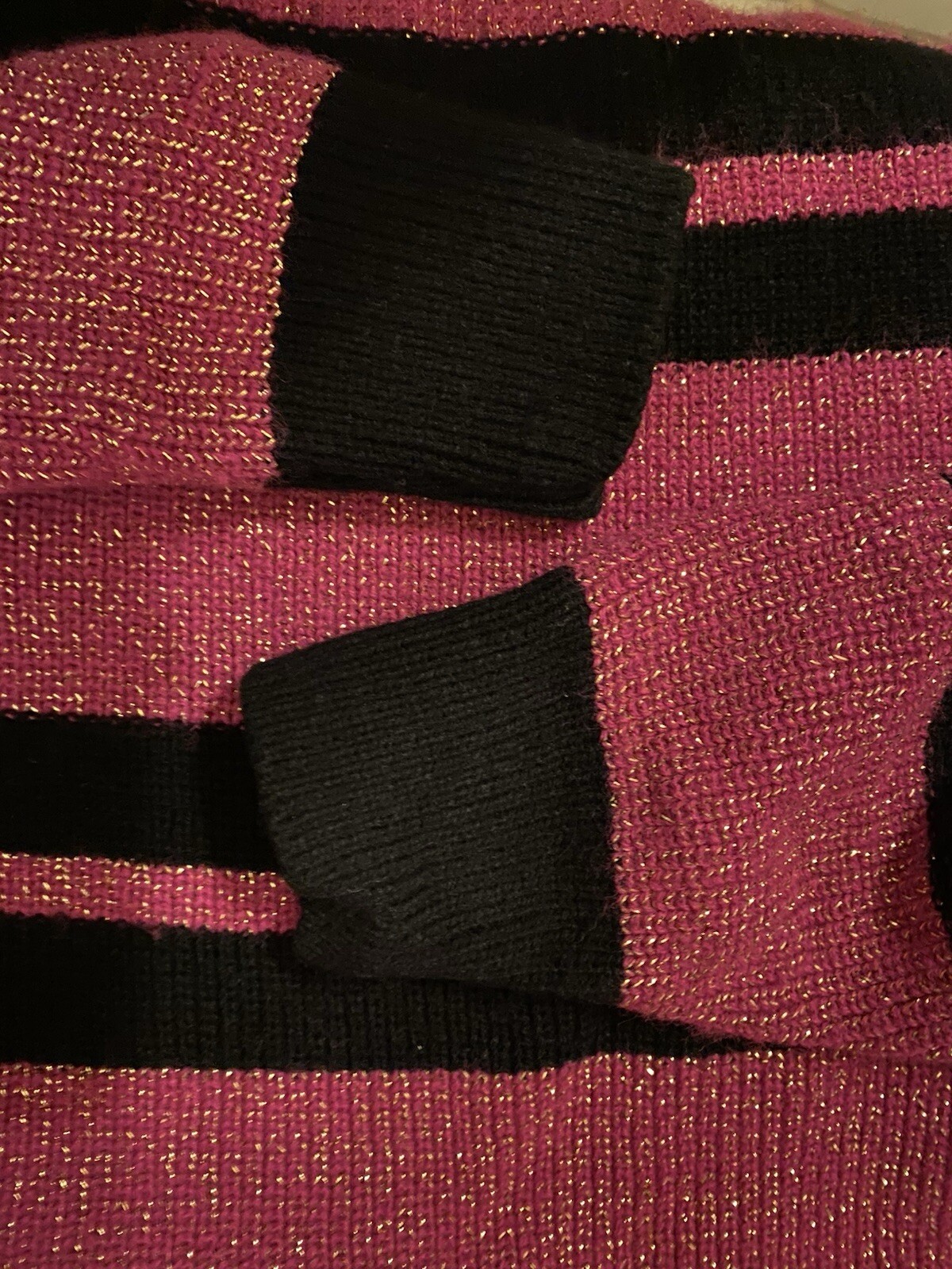 Vtg 80s Women Sweater Mademoiselle Med Hot Pink Black Stripes Gold Threading