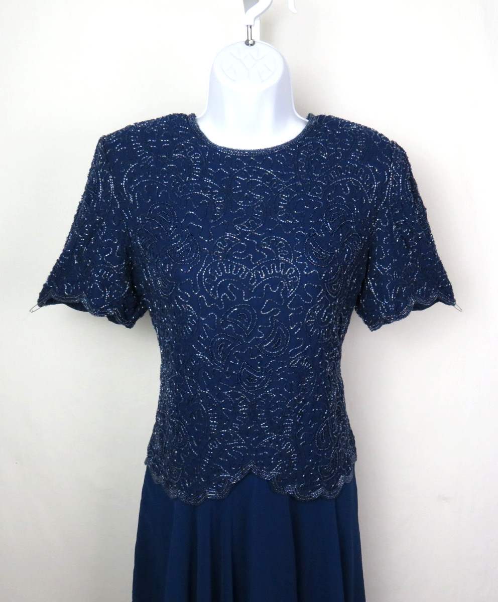 VTG 1980s BRILLIANTE BY JA BLUE BEADED DRESS SIZE PM POLY CHIFFON