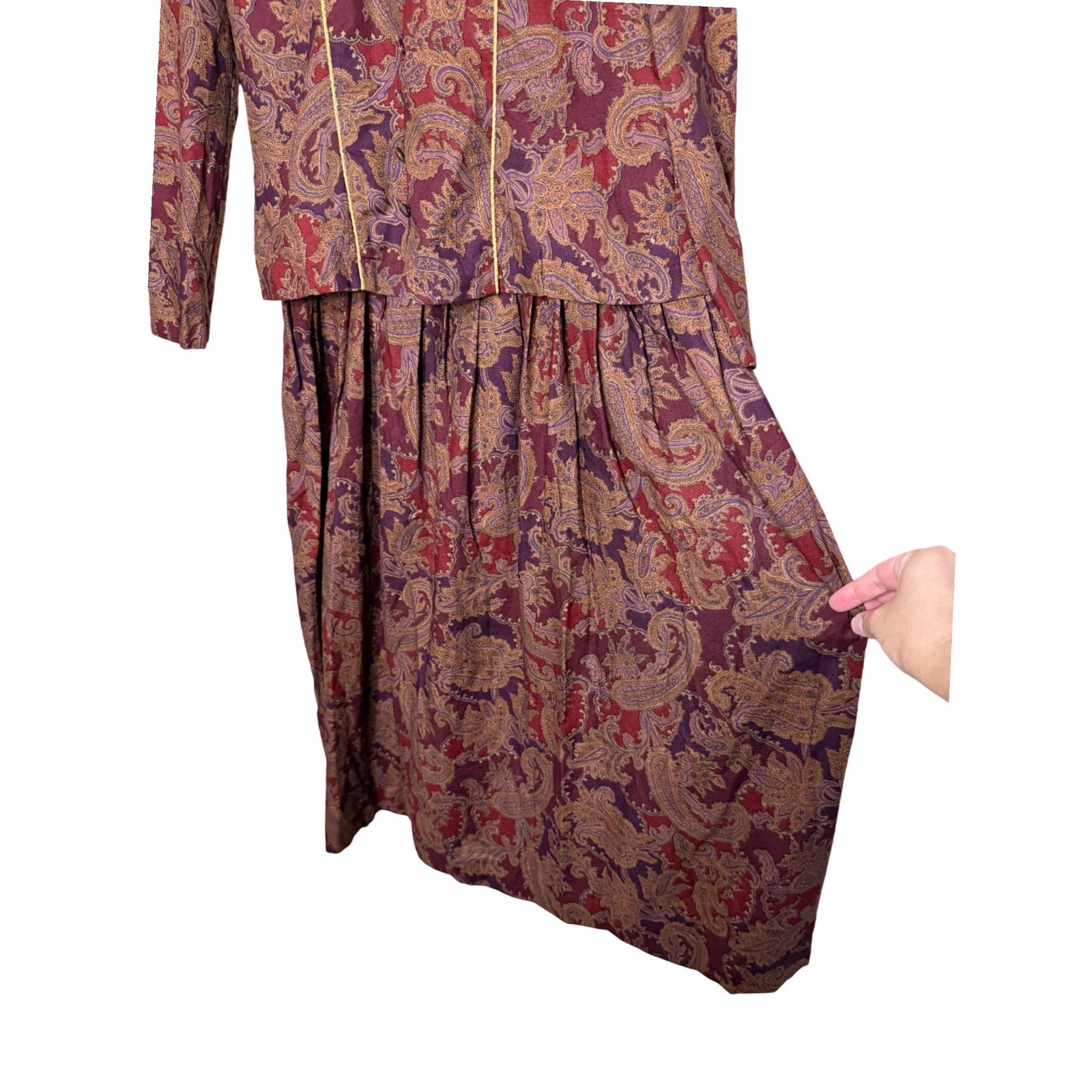 Karin Stevens Petites Vintage Paisley Midi Dress Burgundy Purple Gold Size 4