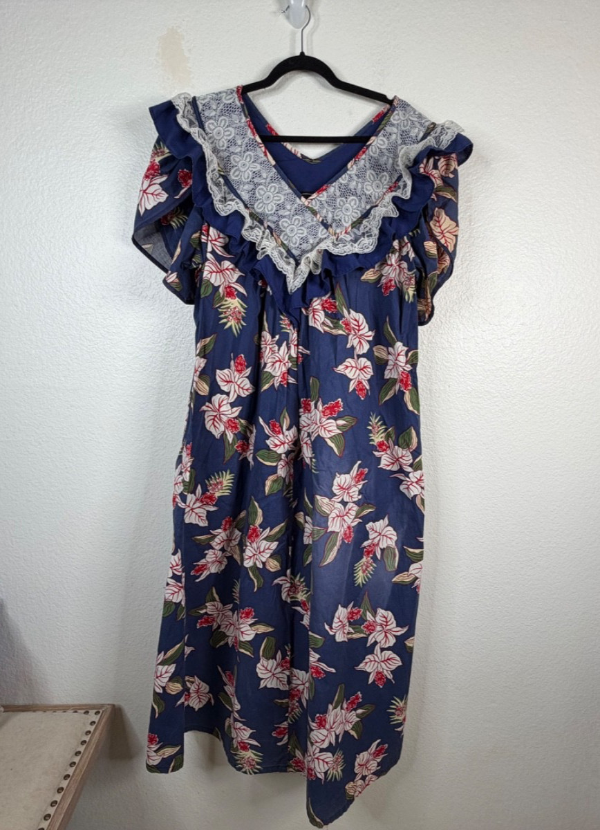 Vintage Jane M Honolulu Dress Ruffles Lace Long Short Sleeves Floral Tropical XL