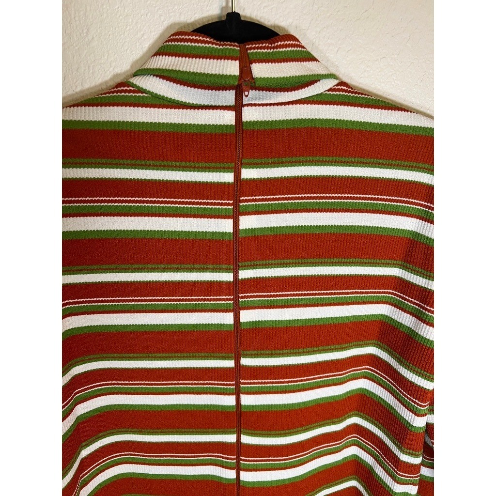 Vintage Mock Turtleneck Top M Striped 1970s Zip Ribbed Knit Poly Orange Green