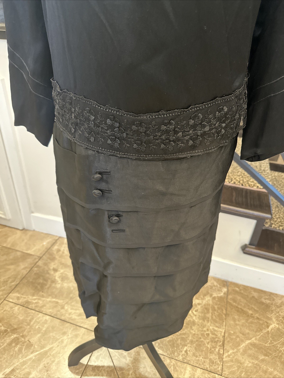 Vintage 1920s Black Satin Tiered Drop Waist Pussy Bow Lace & Embroidered Dress
