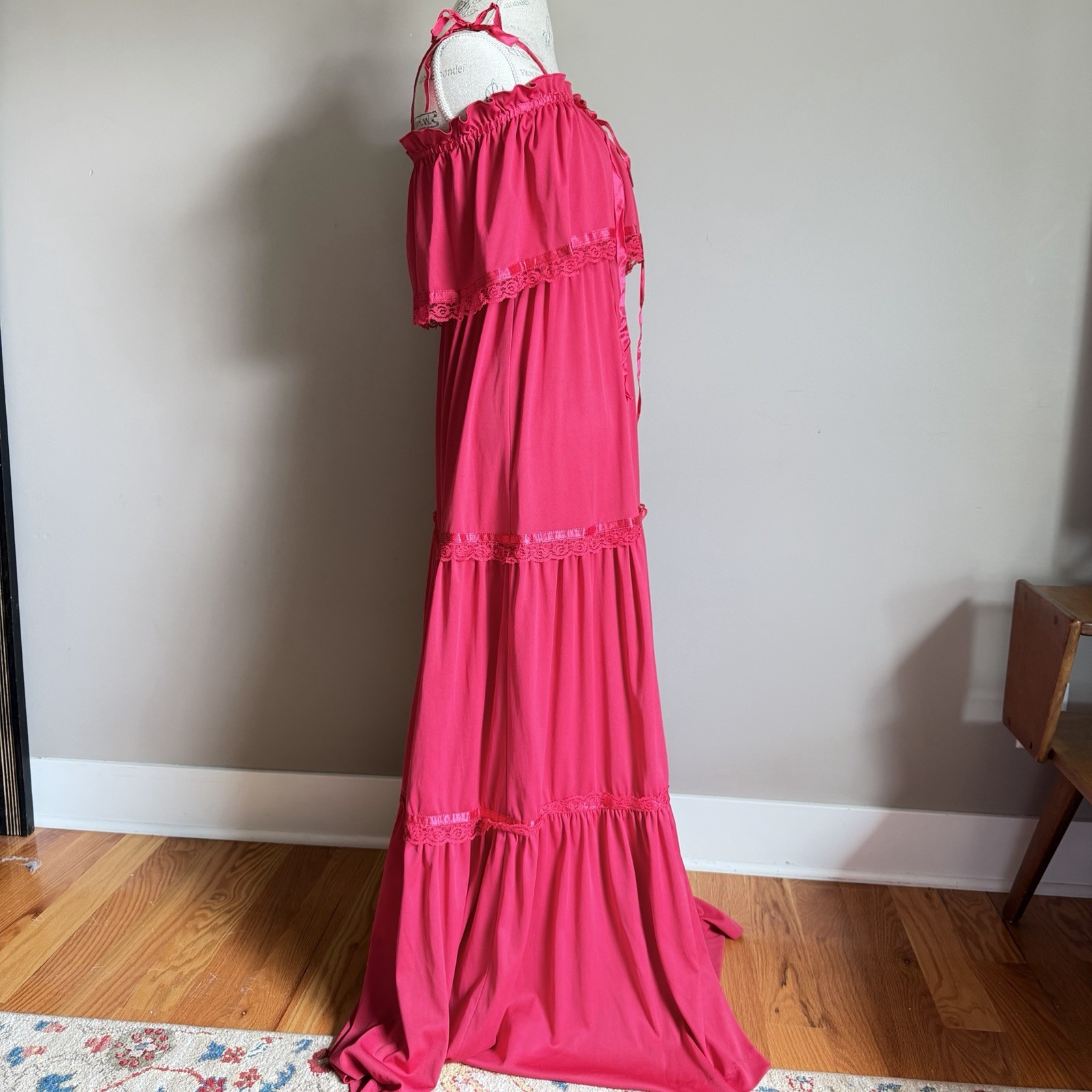 Vintage 70s Fuchsia Tiered Ruffled Cold Shoulder Maxi Dress Small Romantic Boho