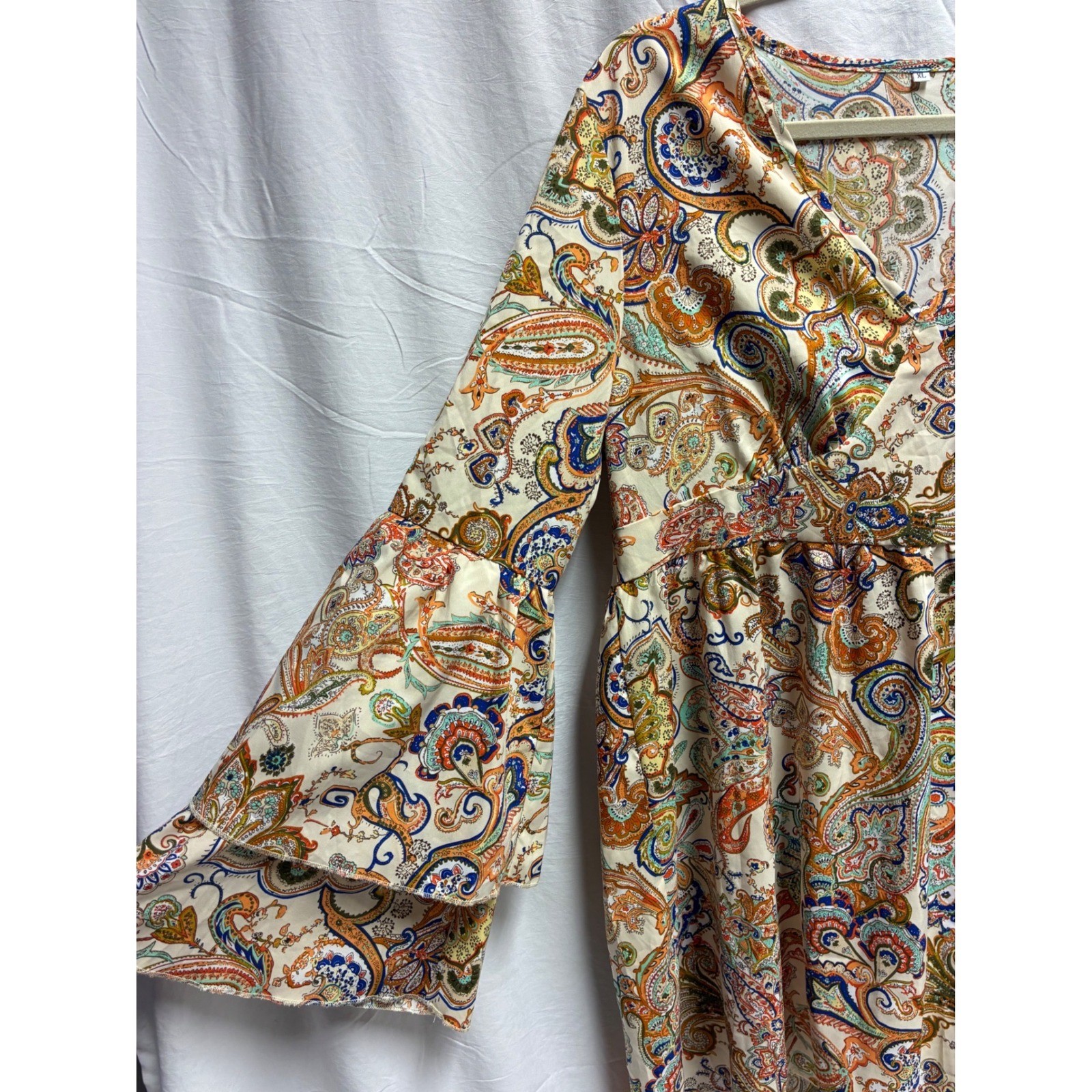 Boho Paisley BOHO V-Neck Dress with Tiered Bell Sleeves XL Multi-Color festival