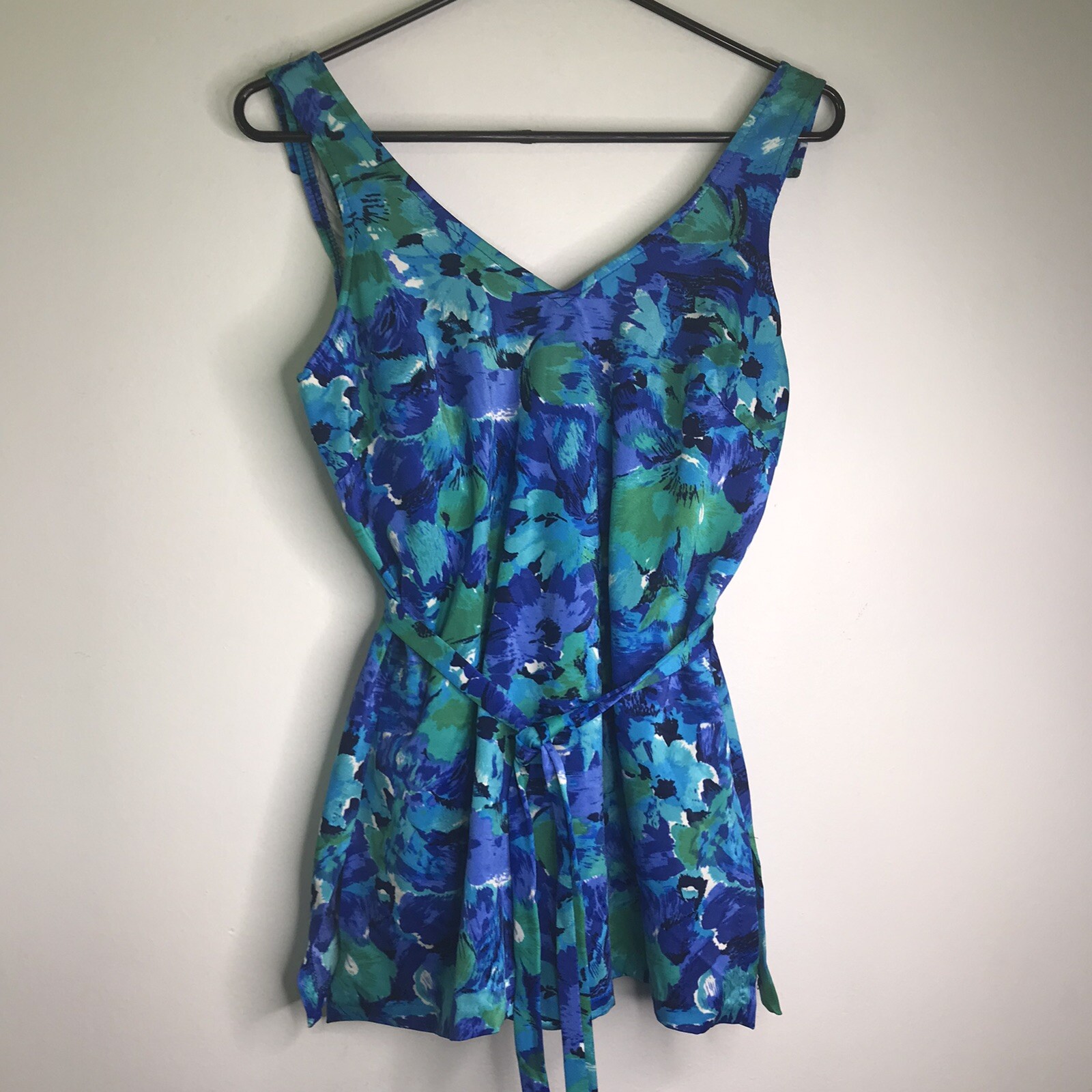 Maxine of Hollywood Size 14 Vintage Bathing Suit Blue Floral Print Belted
