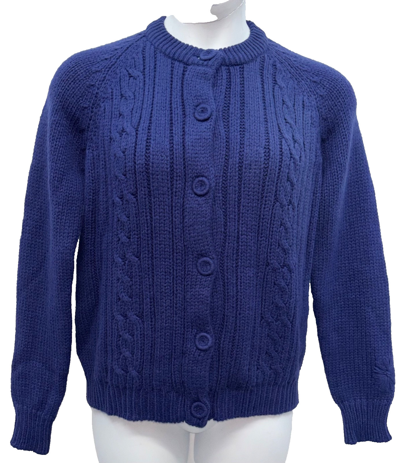 Vintage Women Size 44 Button Up Cable Knit Sweater Solid Navy Blue Thick /Soft