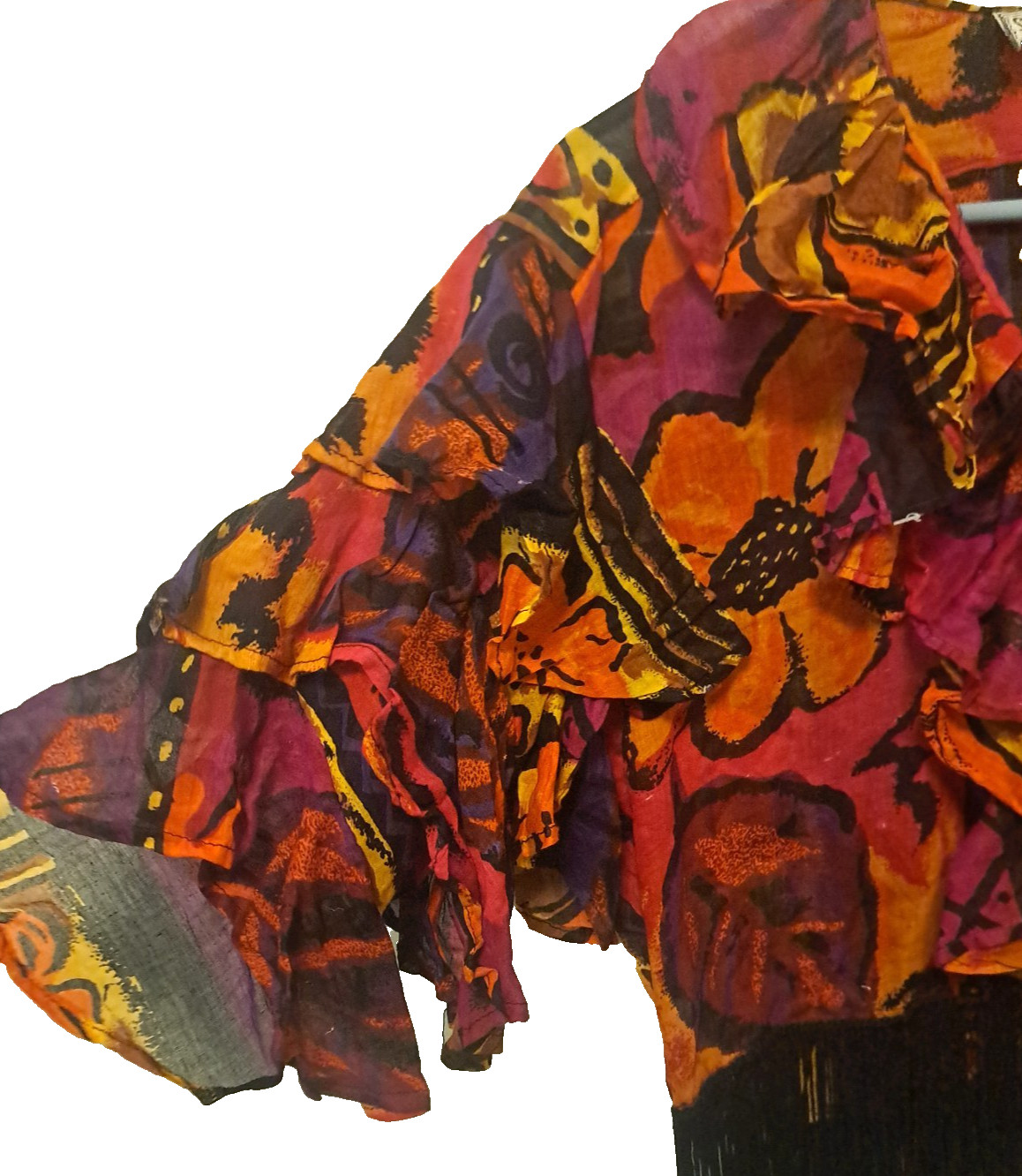 Vintage Salsa Top Ruffled Sleeves Floral Fringe Orange Pink Western Dance Boho L