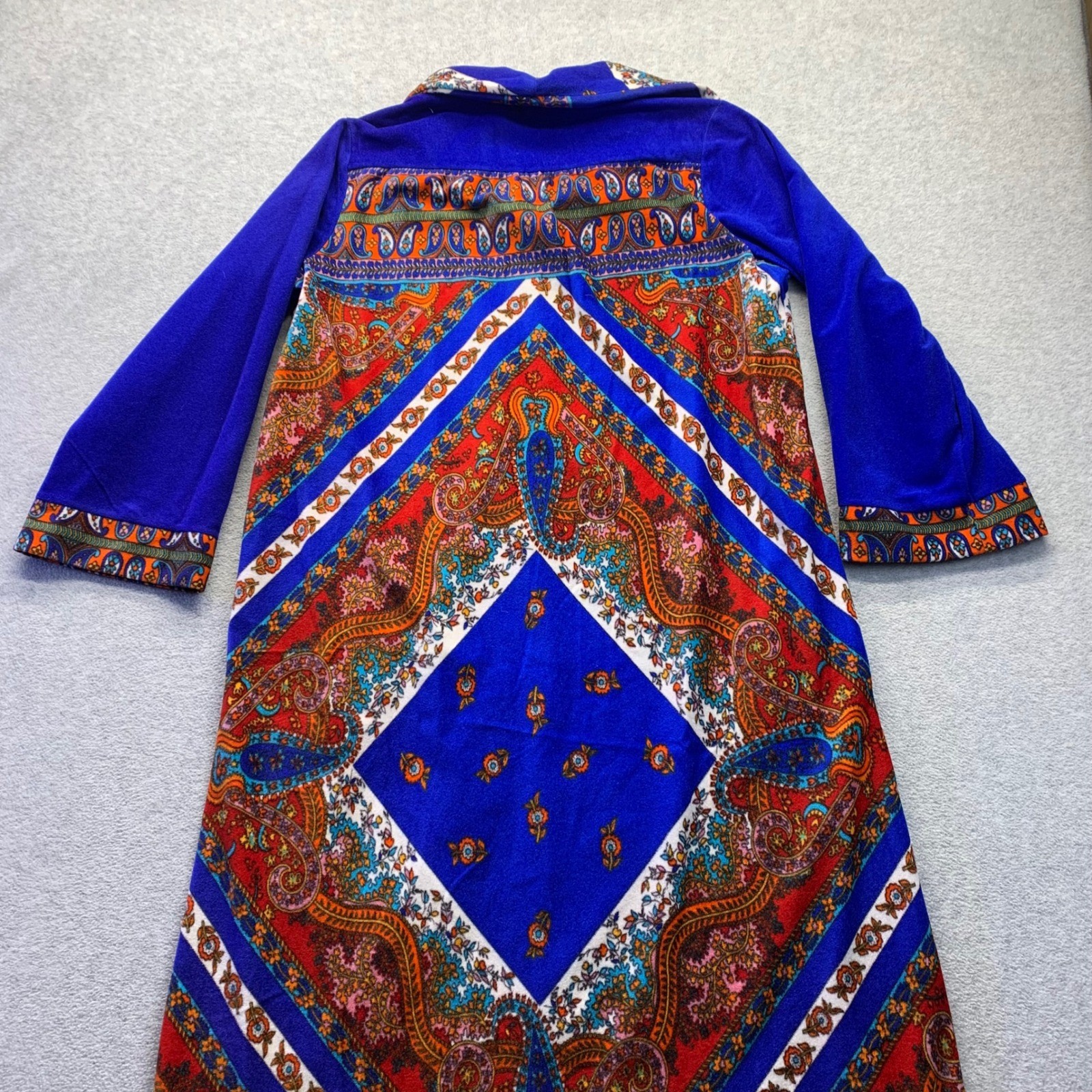 Vtg Plaza 9 Blue Psychedelic Paisley Geometric Velour Robe House Dress 70s Sm/Md