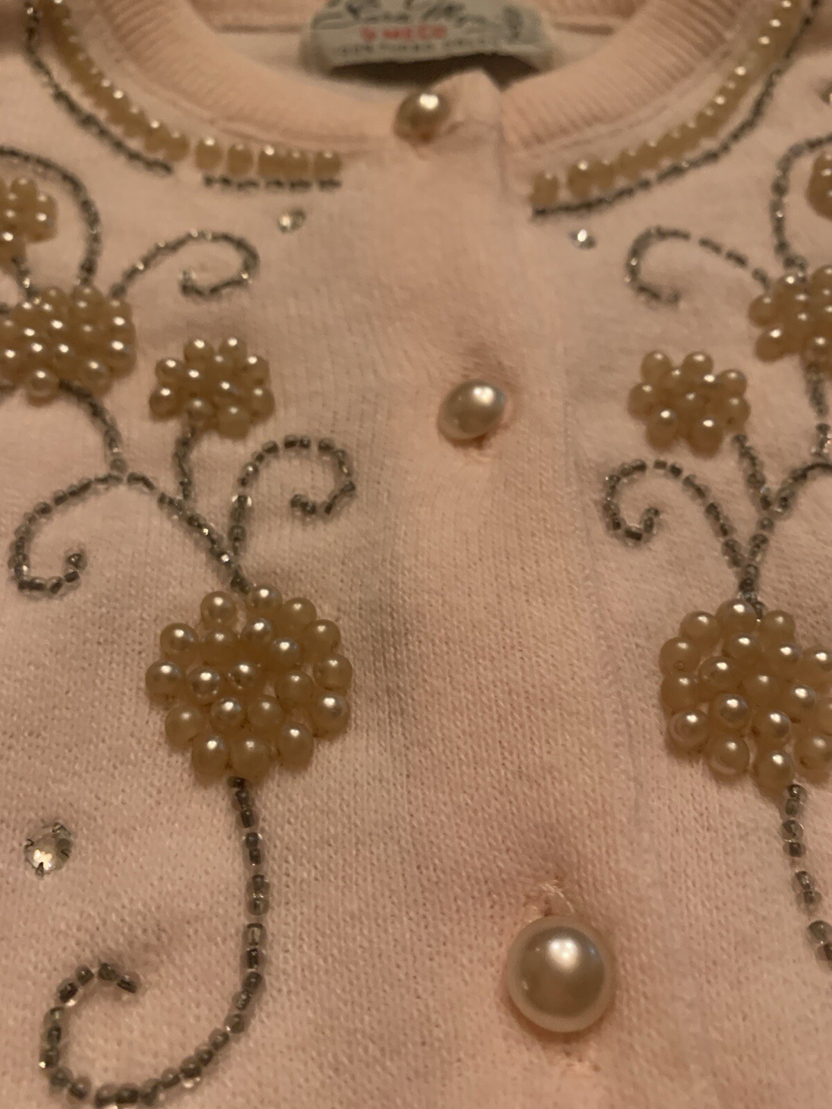 Vintage A Sara Mya By Meco 100% Turbo Orlon 1950’s Pink Embroidered Sweater