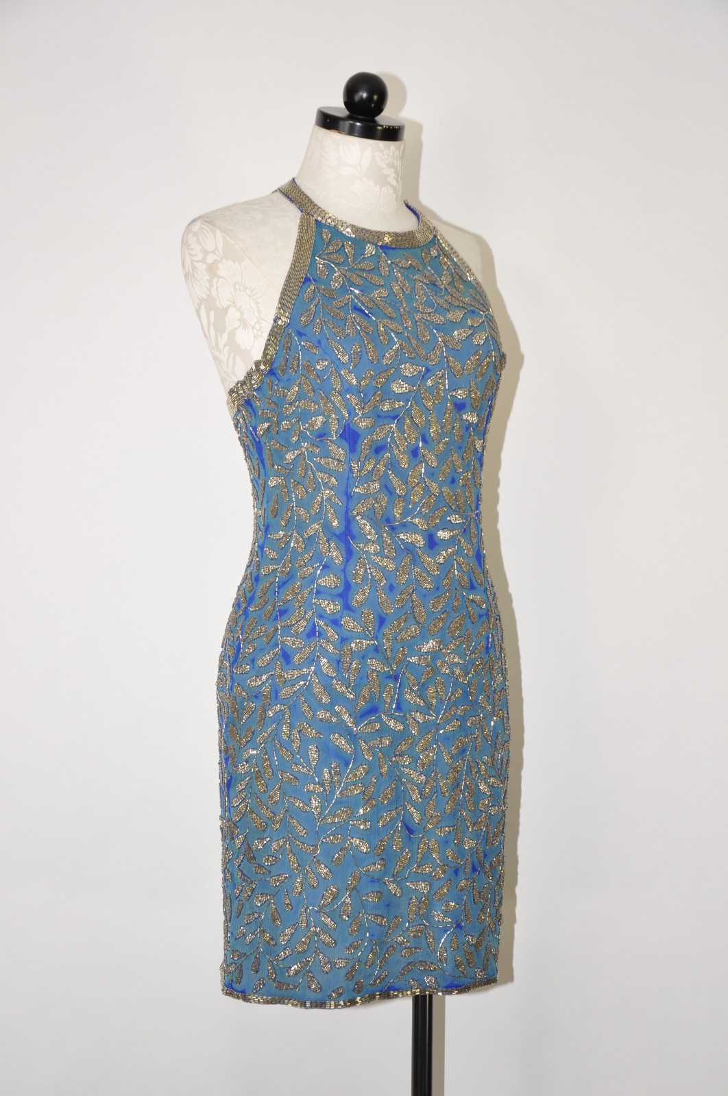 80s Vintage Blue Silk Silver Beaded Jeweled Leaves Backless Halter Mini Dress S
