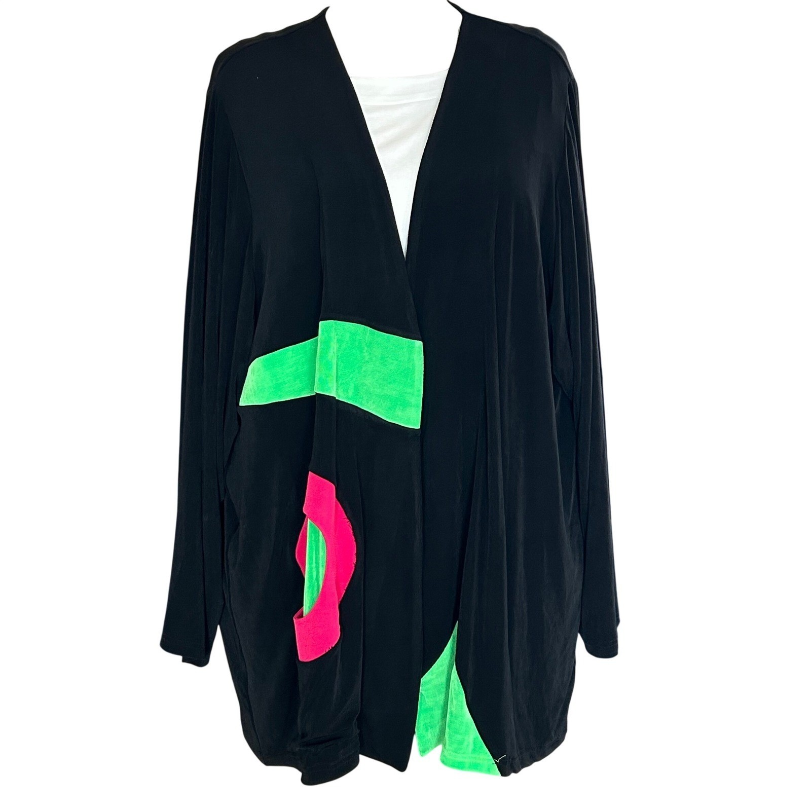 Womens Vintage 80s Art to Wear Geometric Neon Cardigan Black Heydari Made in USA