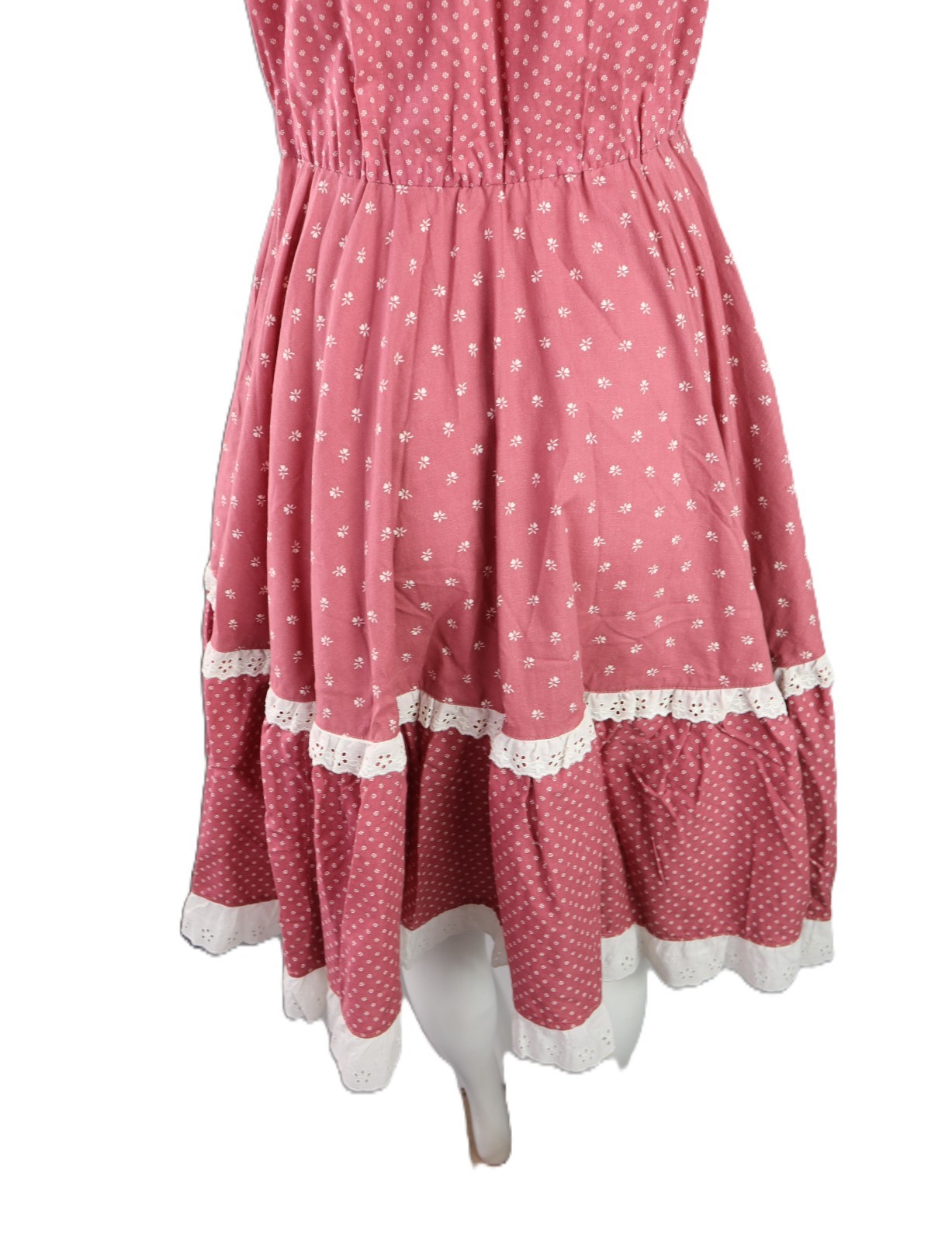 VTG 60s 70s US 2 4 6 8 S M Square Dance Prairie Ditzy Print Lace Midi Dress Pink