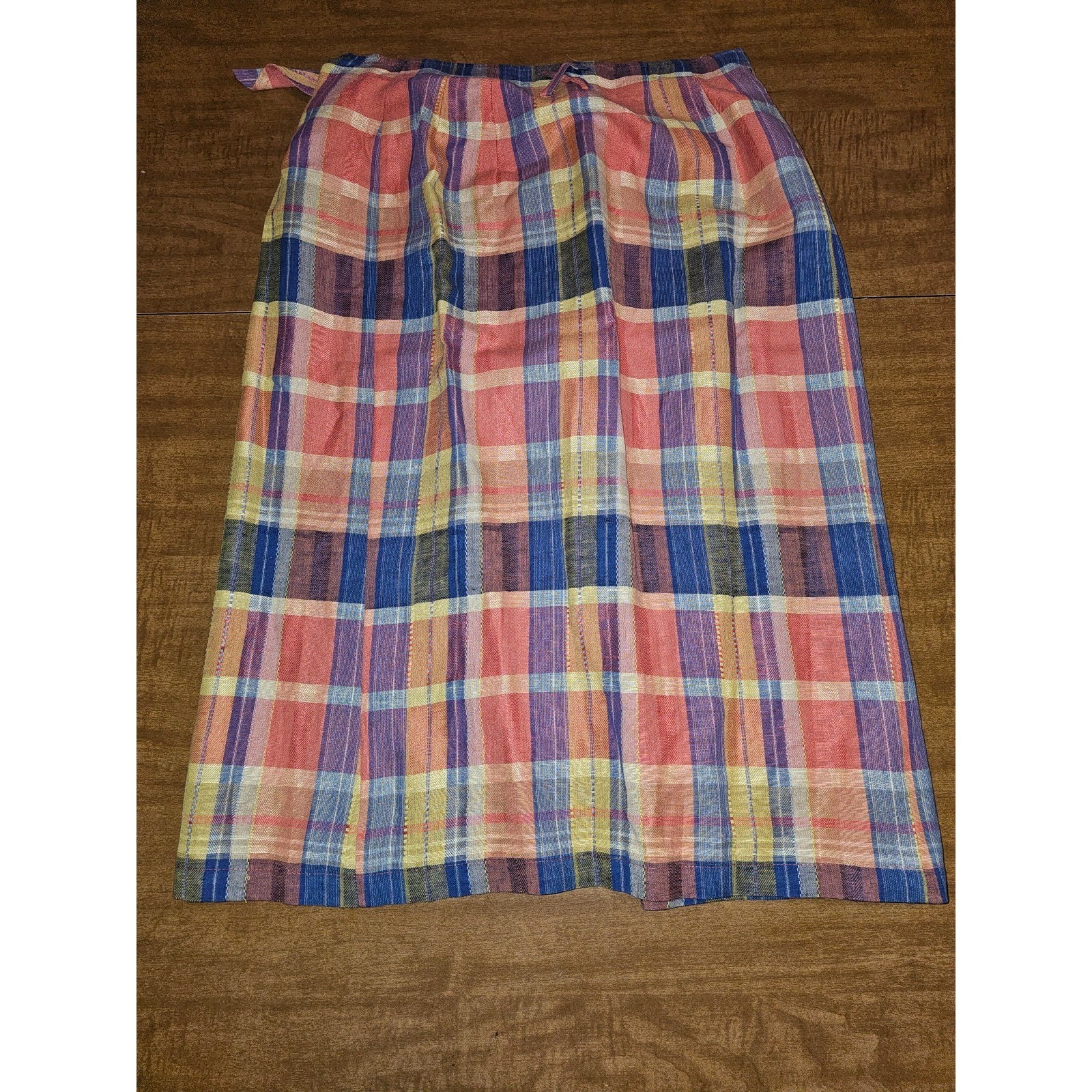 Vintage 80s 90s Neiman Marcus Wrap A-Line Midi Skirt Plaid 8 S M Madras Linen D5