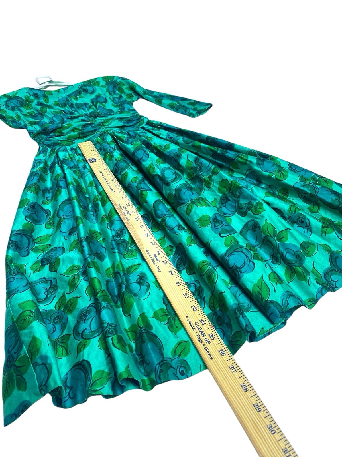 Vtg 50s Teal Blue Watercolor Floral Day Dress Fit Flare Garden Tea Party Small