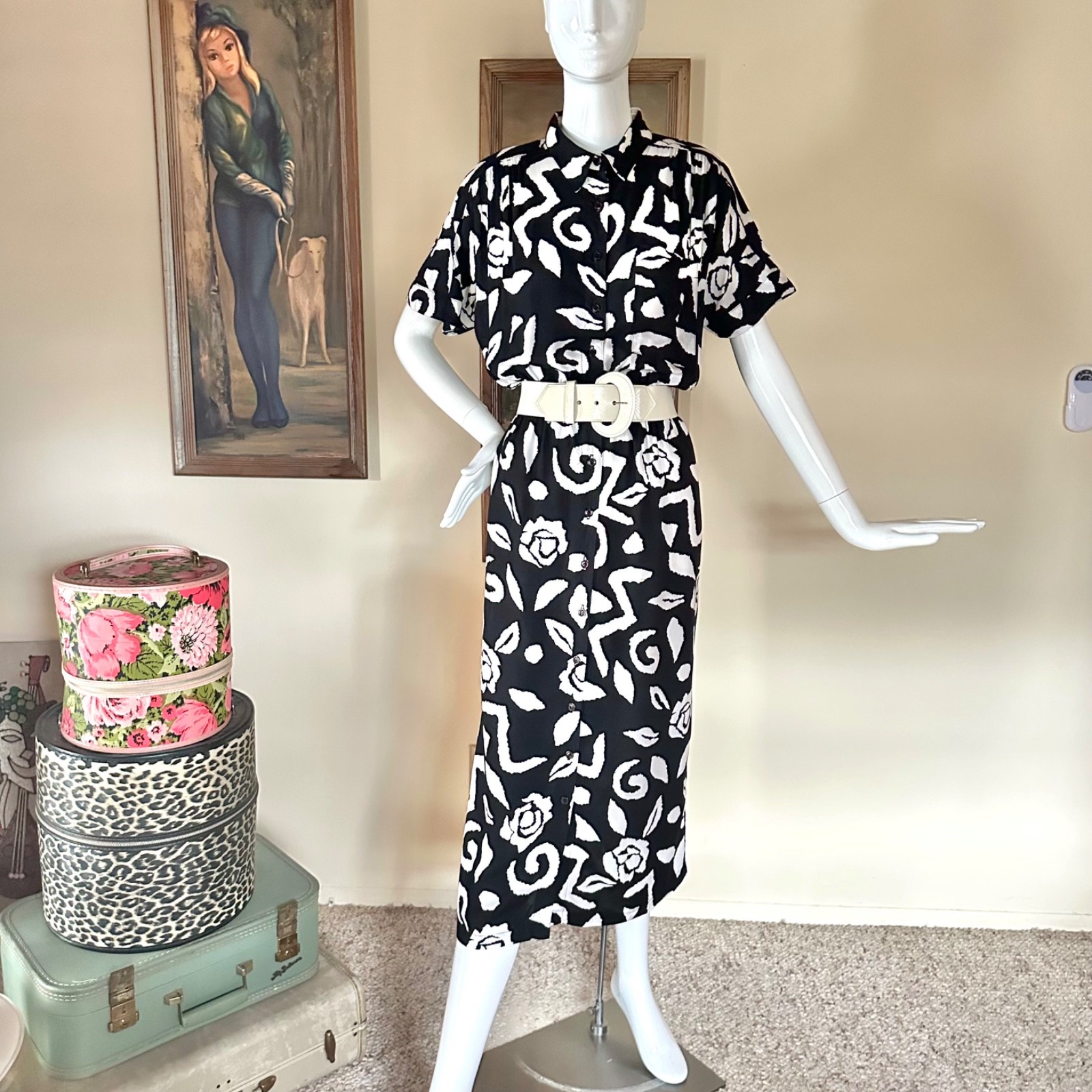 Vintage 1980s New Wave Together Abstract Print Shirtwaist Day Dress M/L