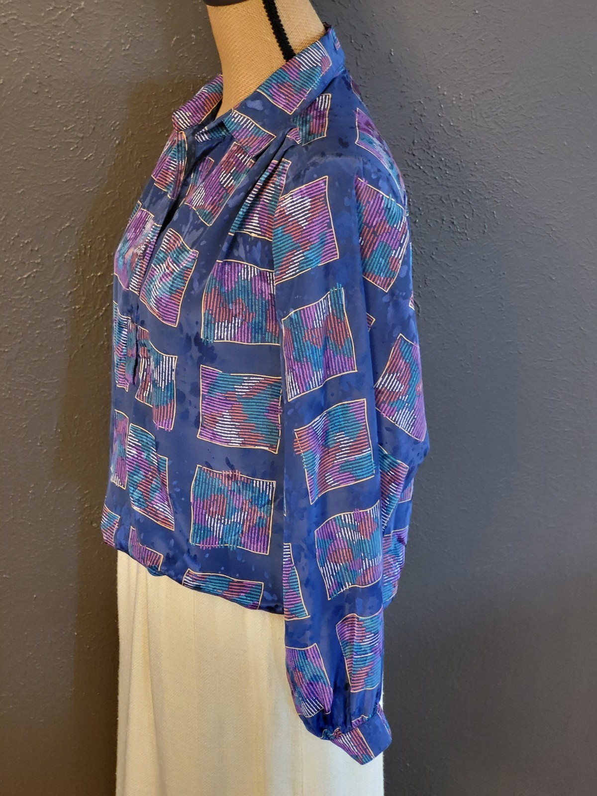 Da Rue Of California Vintage Blue Polyester Geometric Design Blouse Large