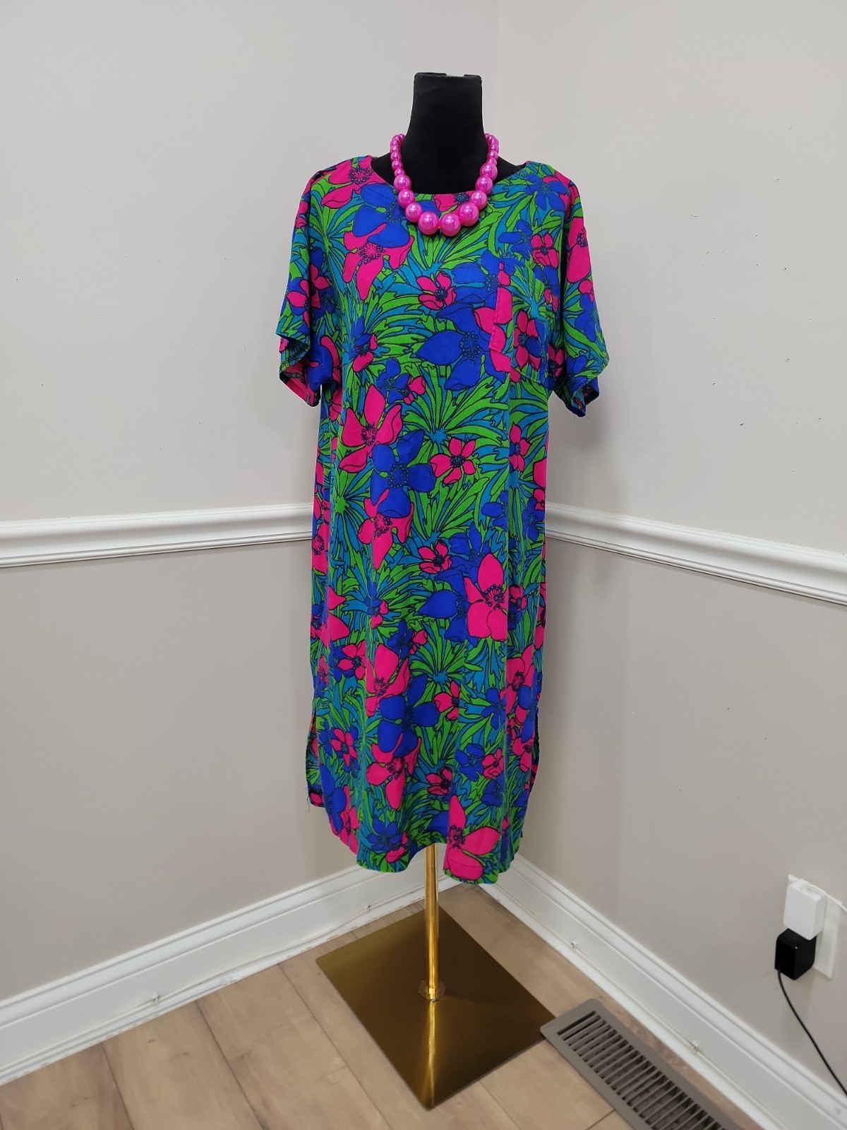 Vintage 60s 70s Psychedelic Mod Floral Dress Neon Pink Blue Green Shift VTG